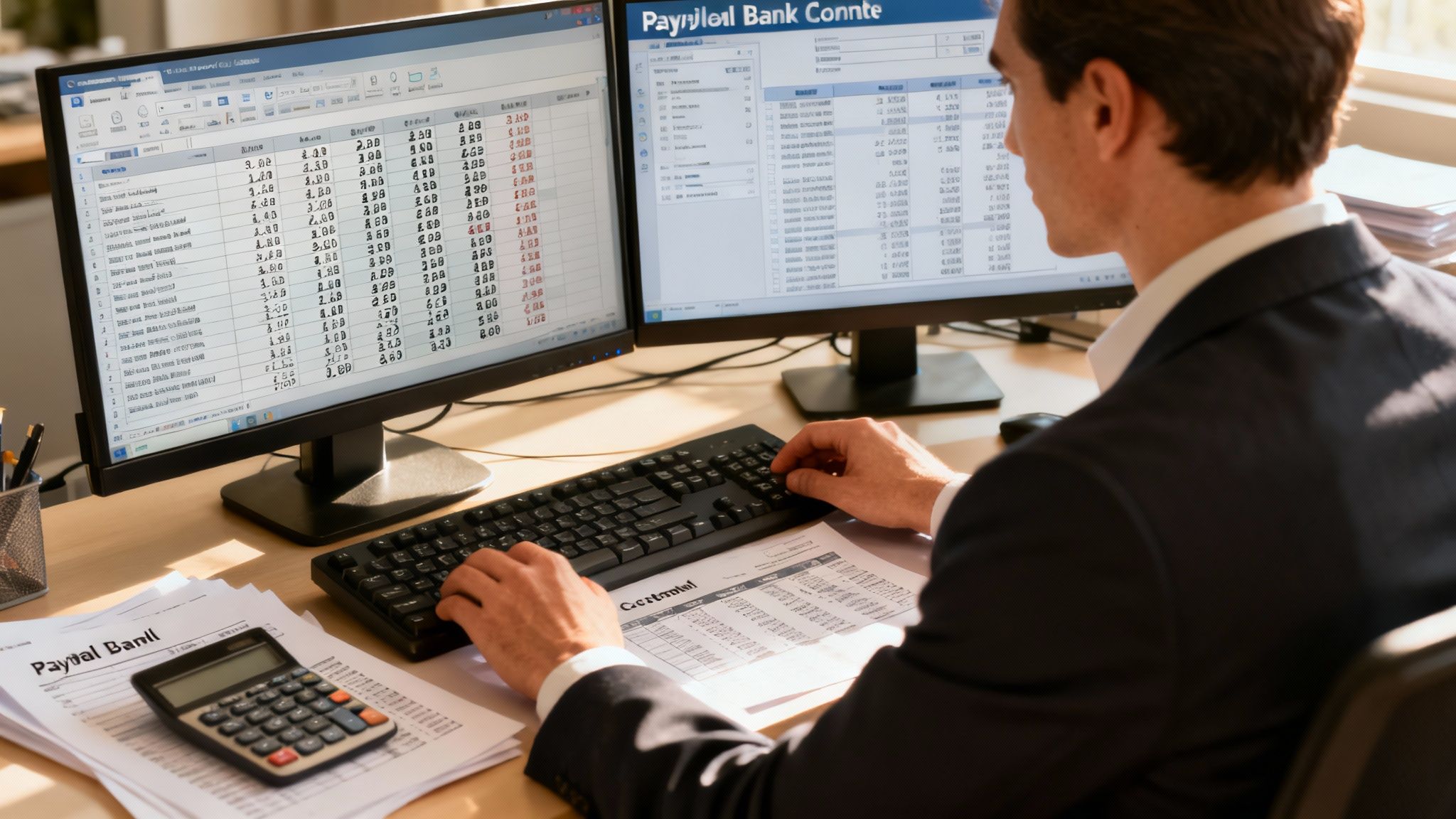 A person is carefully checking financial documents on a desk with a calculator and laptop, symbolising the detailed work of payroll reconciliation.
