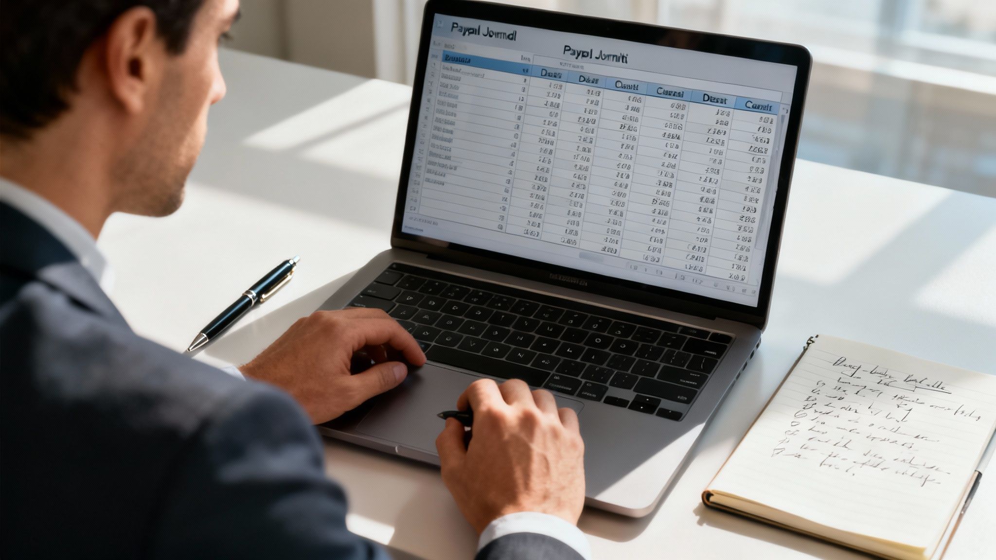 A desk with a calculator, pen, and financial documents, indicating the process of recording payroll journal entries.