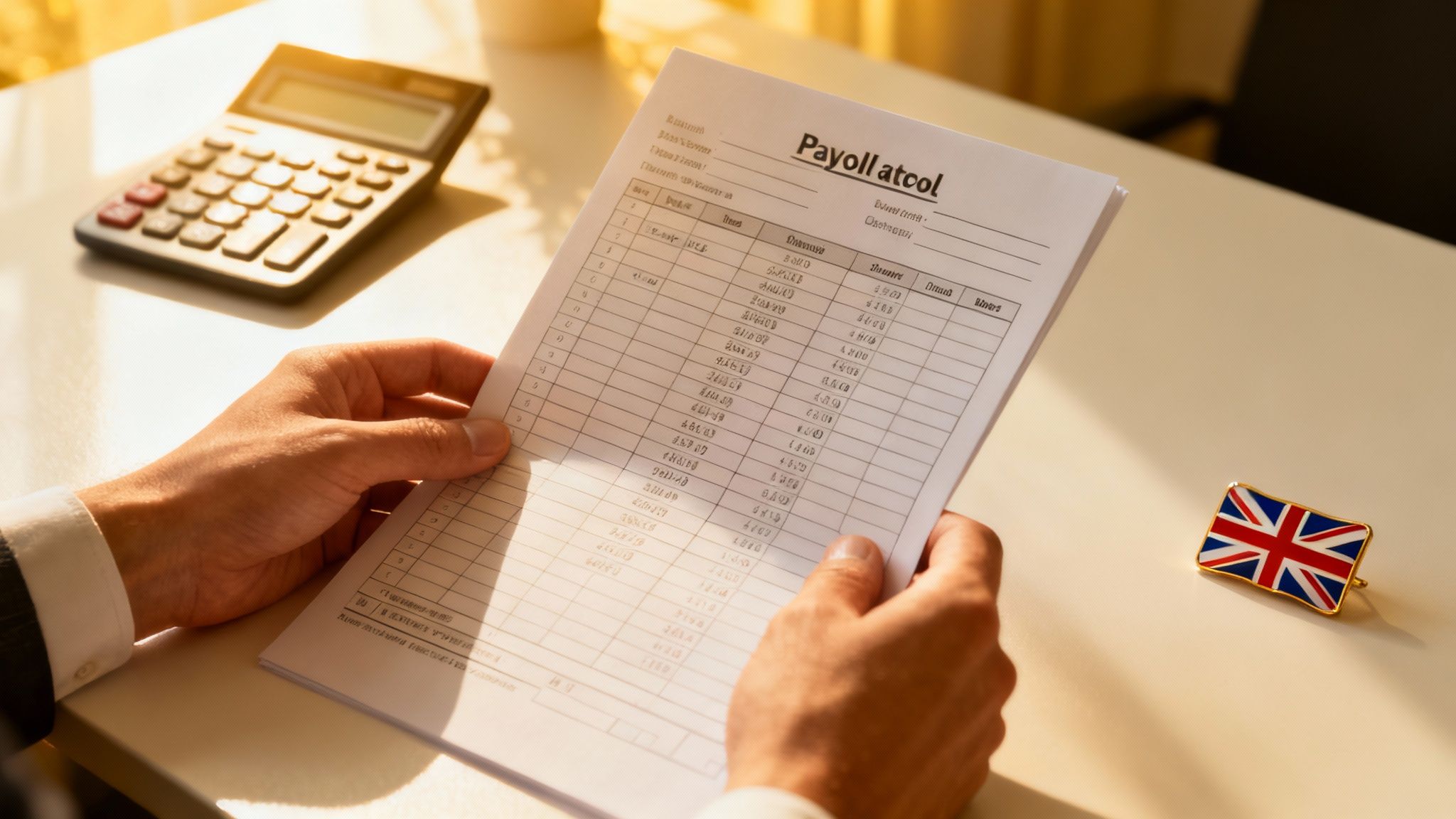 A professional setting with two people collaborating on a laptop, showing business documents and charts, conveying a sense of teamwork in payroll accounting.