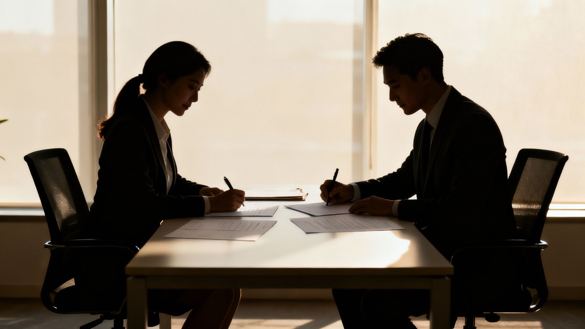 Two people shaking hands over a desk, symbolising the formation of a business partnership.