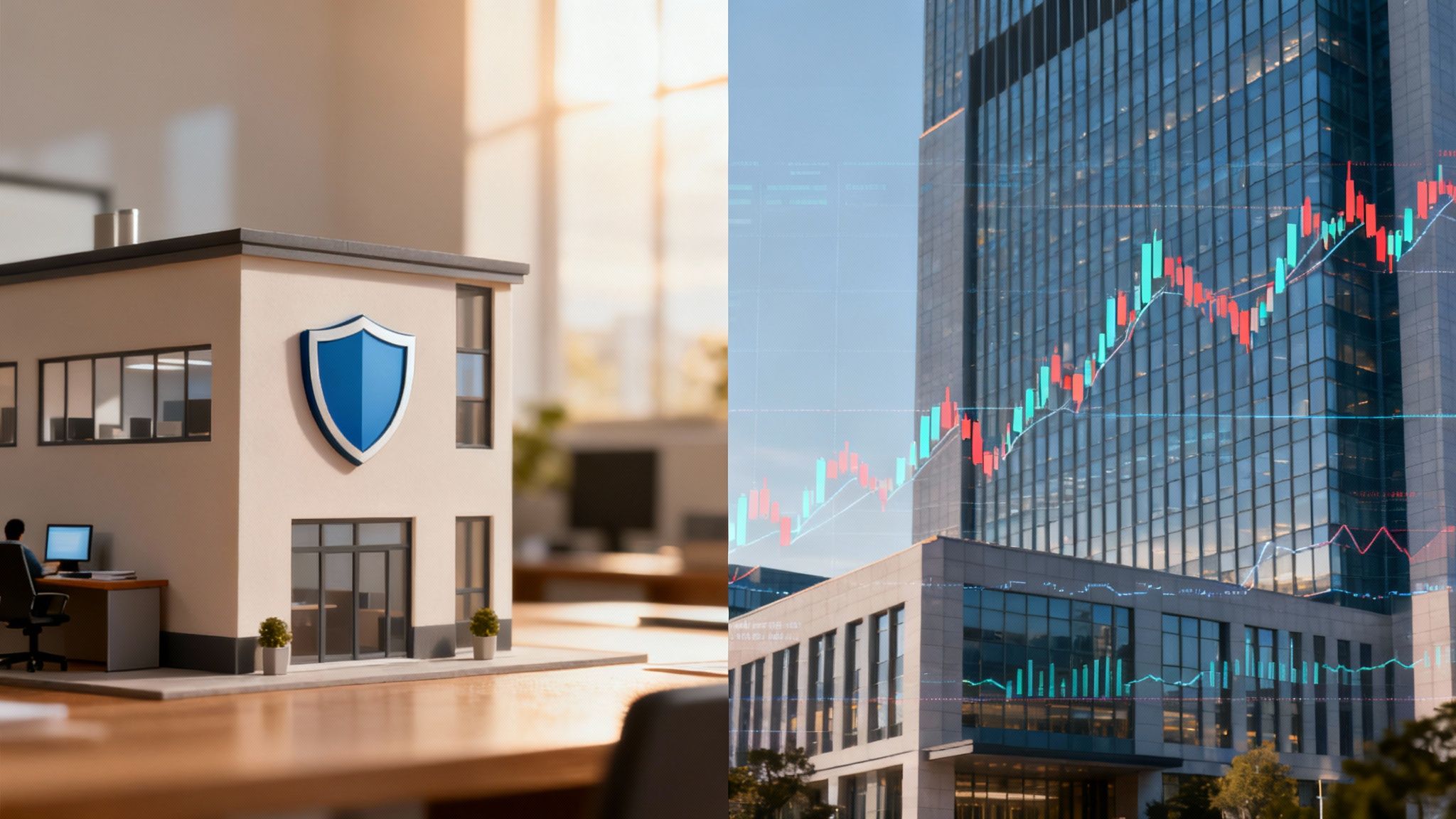 A modern office building with a small startup logo next to a large corporate skyscraper, representing the difference between a Private Limited Company (Ltd) and a Public Limited Company (PLC).