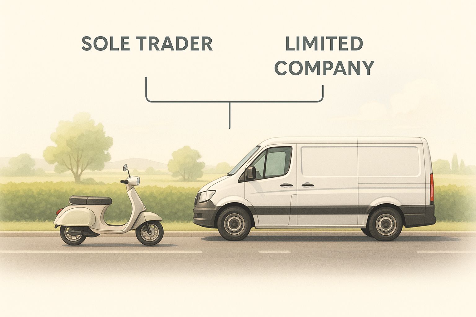 Infographic comparing a scooter (sole trader) and a van (limited company) side-by-side on a road, symbolising the choice between different UK company types.