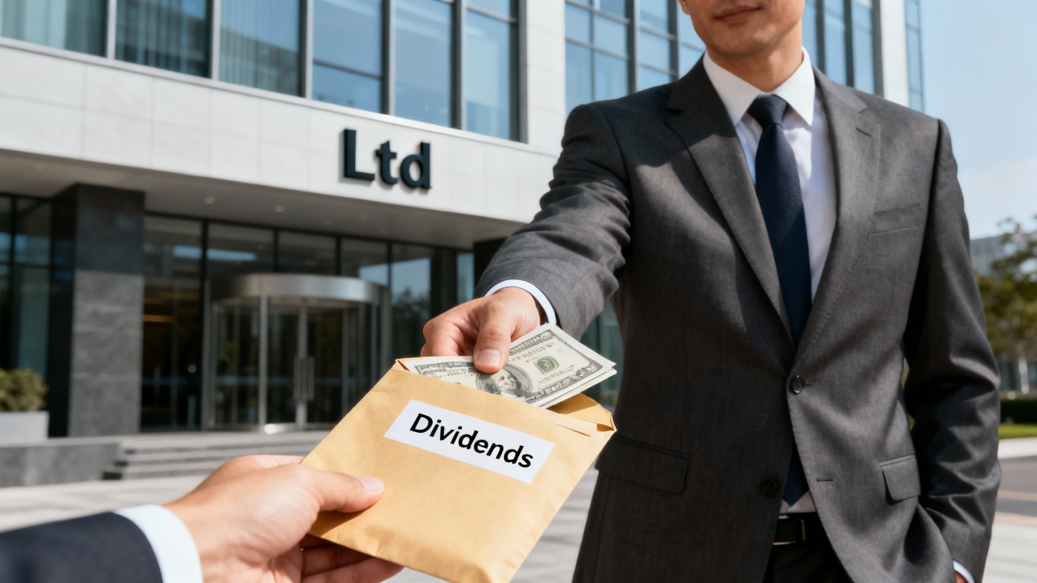 A person sitting at a desk, reviewing financial documents and using a calculator, representing the process of managing company dividends.