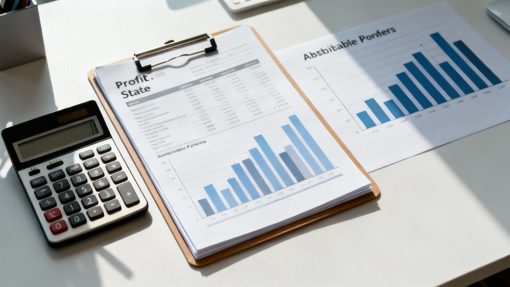 A calculator and financial documents on a desk, representing the process of calculating company profits for dividends.