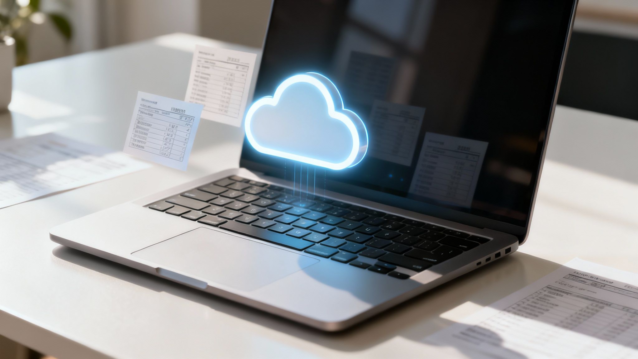 A person using a laptop and a smartphone with financial apps, showing a modern, tech-enabled workspace.