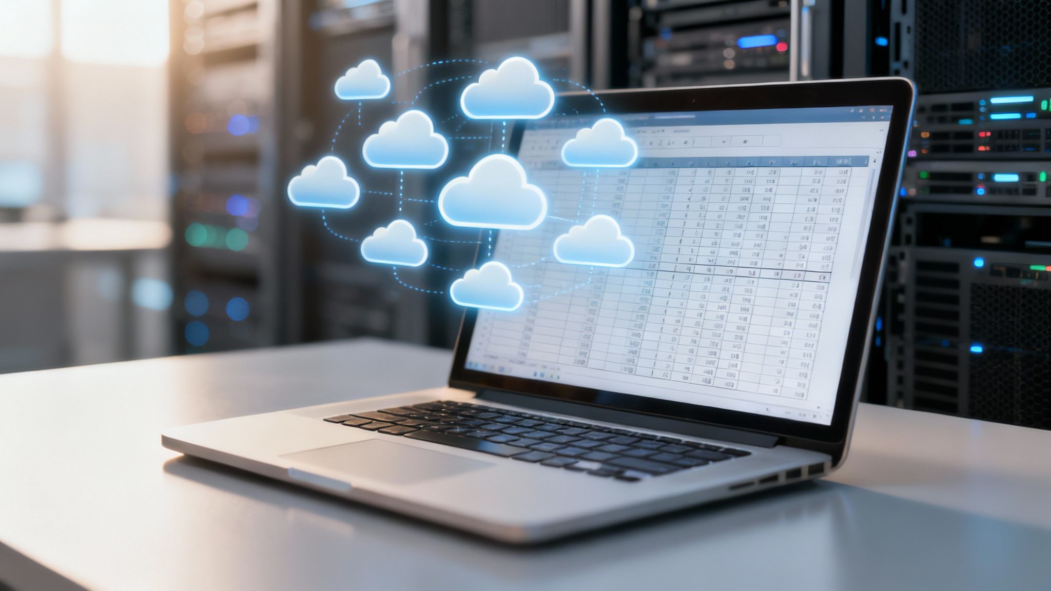 A modern desk with a computer screen showing financial data and a smartphone scanning a receipt, illustrating the concept of cloud accounting.