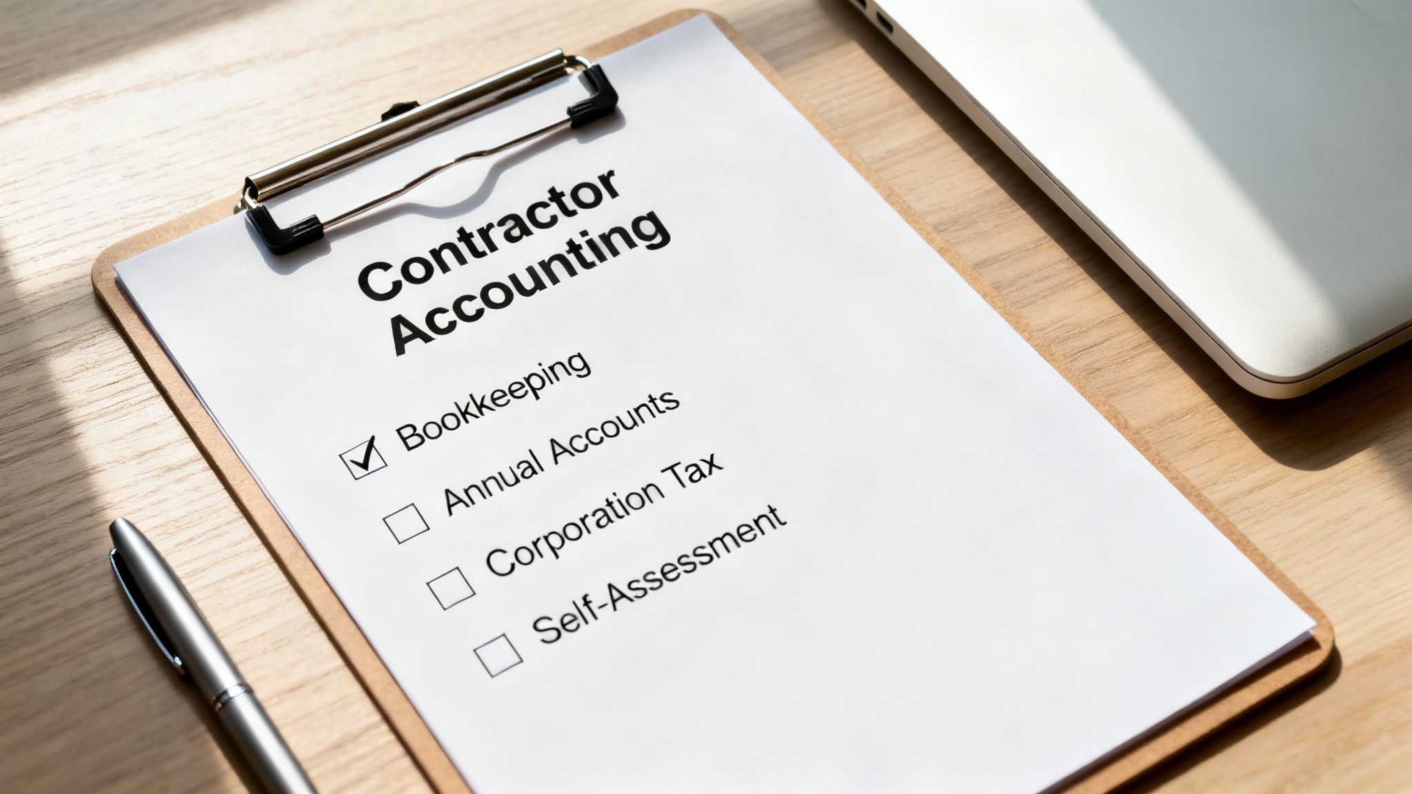A desk with a laptop showing financial charts, a calculator, and paperwork, representing the core accounting tasks for contractors.