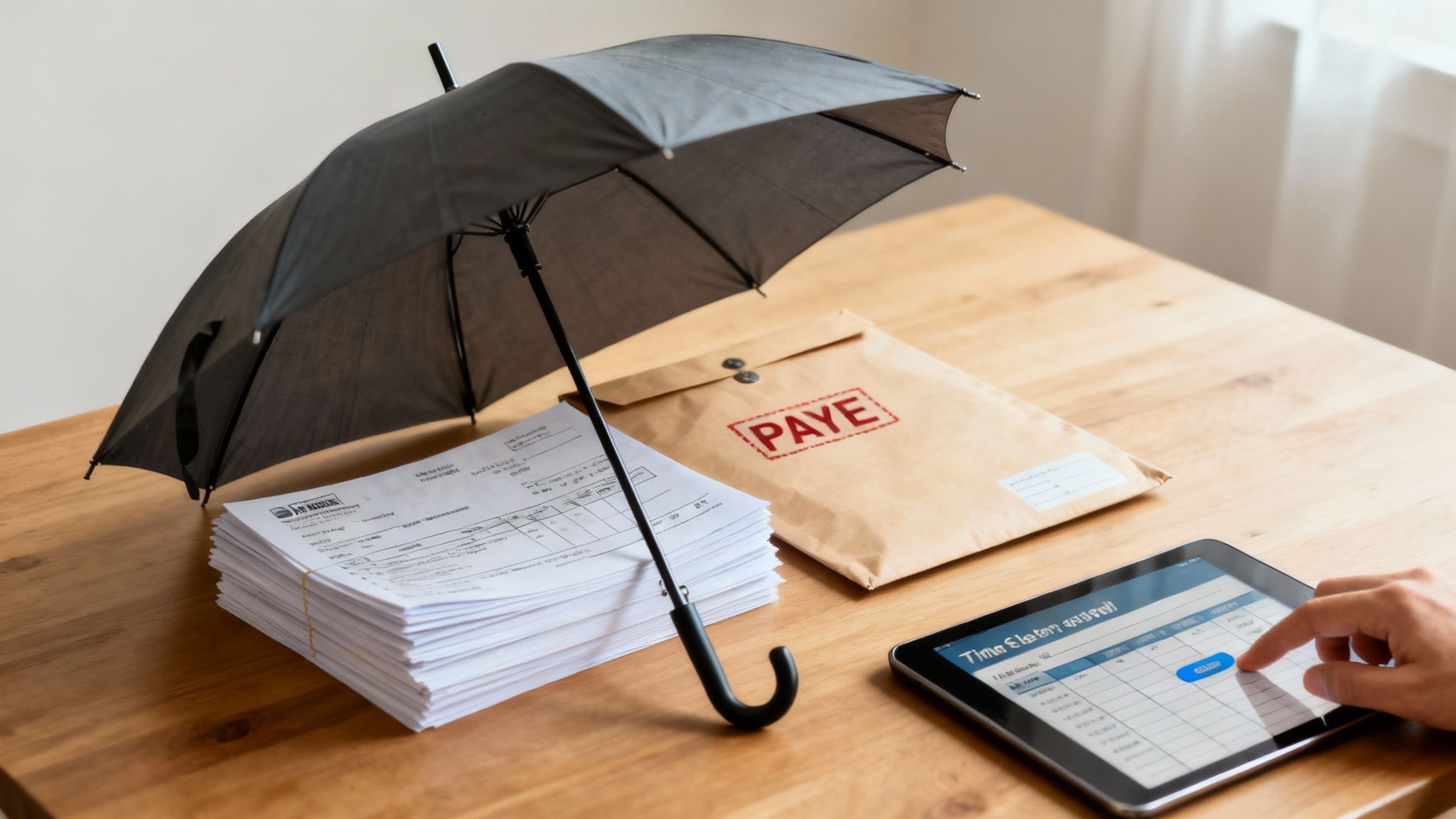 A contractor working on a laptop, with icons representing payroll and tax management floating above them, simplifying the process.