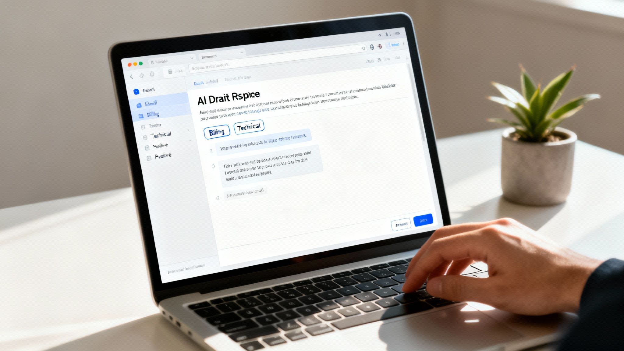 An illustration showing an AI bot analysing a customer support ticket and drafting a response, representing AI-powered helpdesk automation.