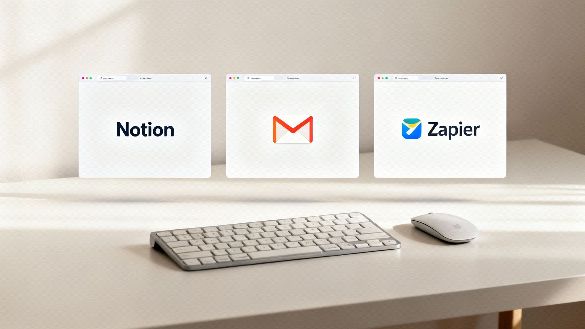 A clean, organised desk setup with laptops displaying Notion, Gmail, and Zapier logos, ready for building the AI helpdesk.