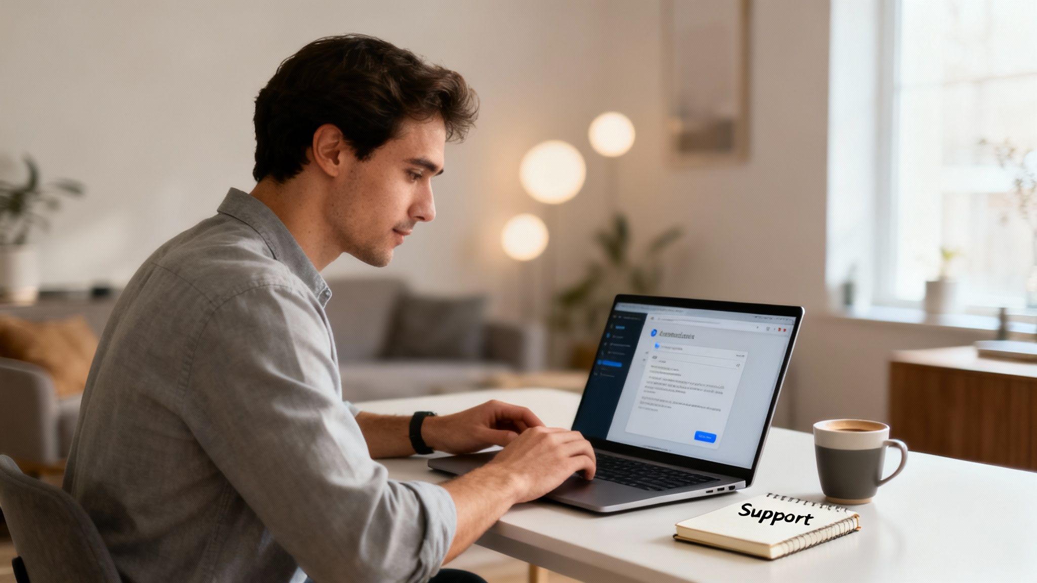 An organised desk with a laptop showing a customer support dashboard, representing a startup's new AI helpdesk.