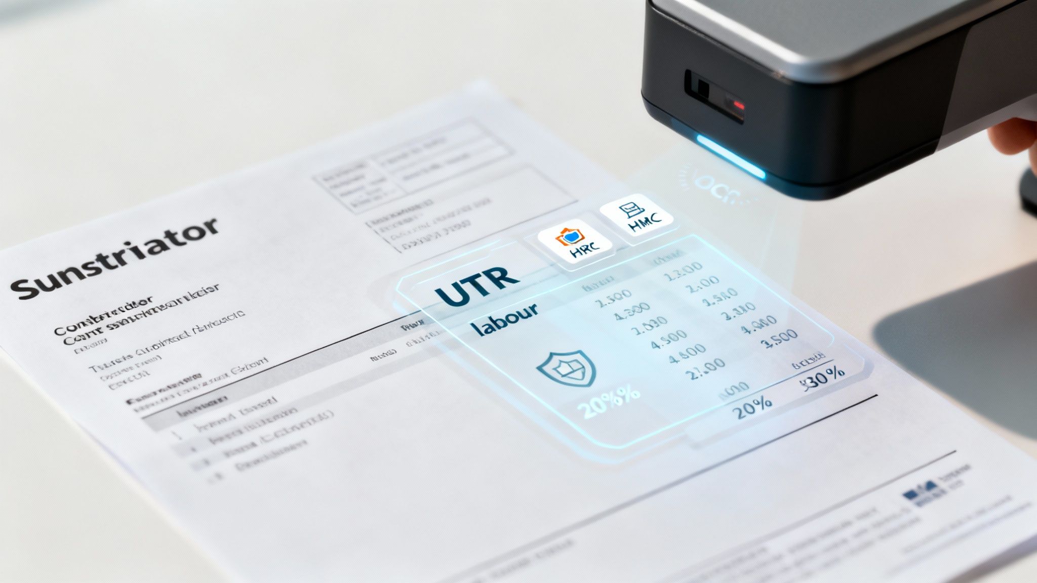 An illustrated workflow showing an invoice being scanned and processed by an AI, resulting in automated CIS calculations.