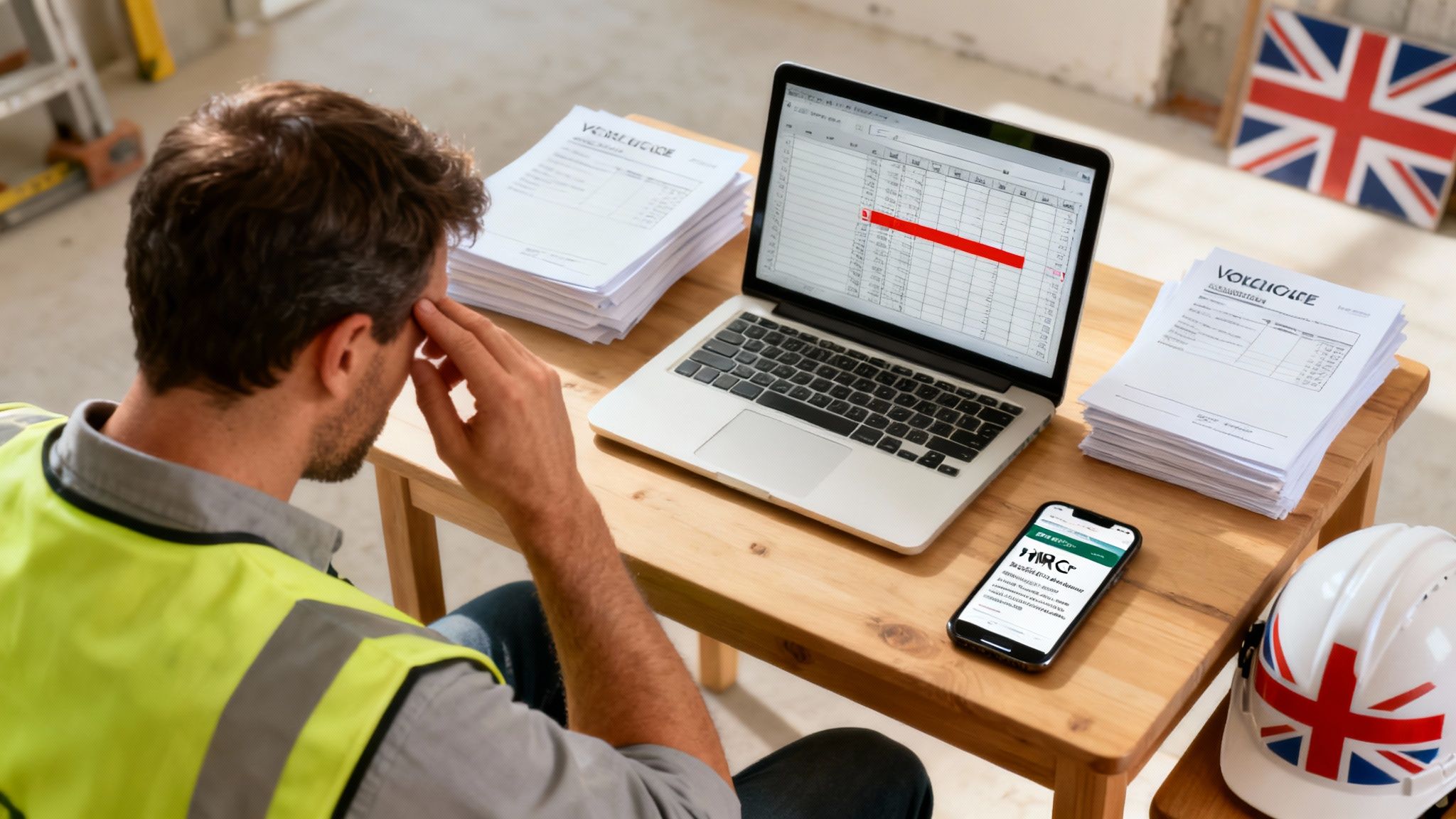 A construction site with a builder reviewing plans on a tablet, symbolizing the shift from manual to digital processes.