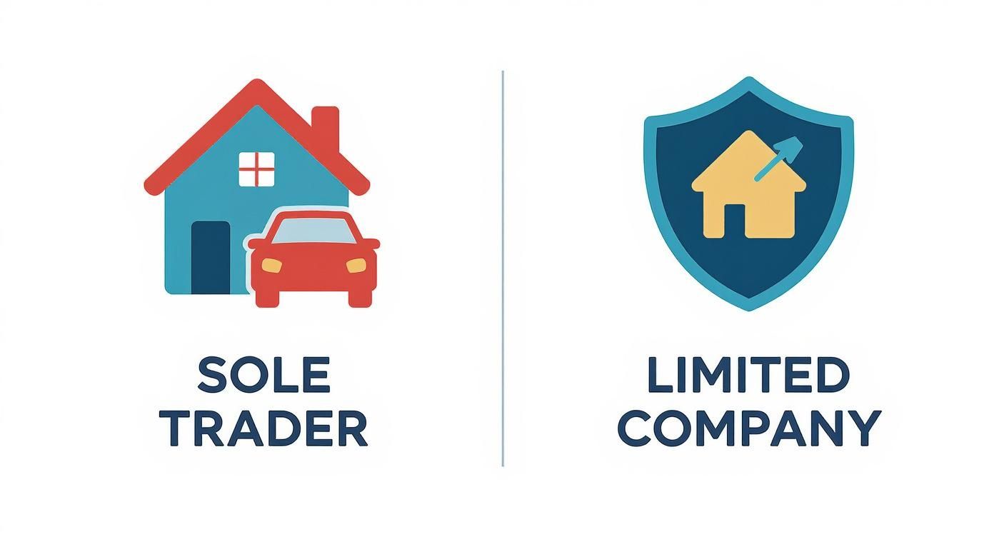 An infographic comparing the liability of a sole trader, represented by a house and car icon, with the protected liability of a limited company, represented by a shield icon.