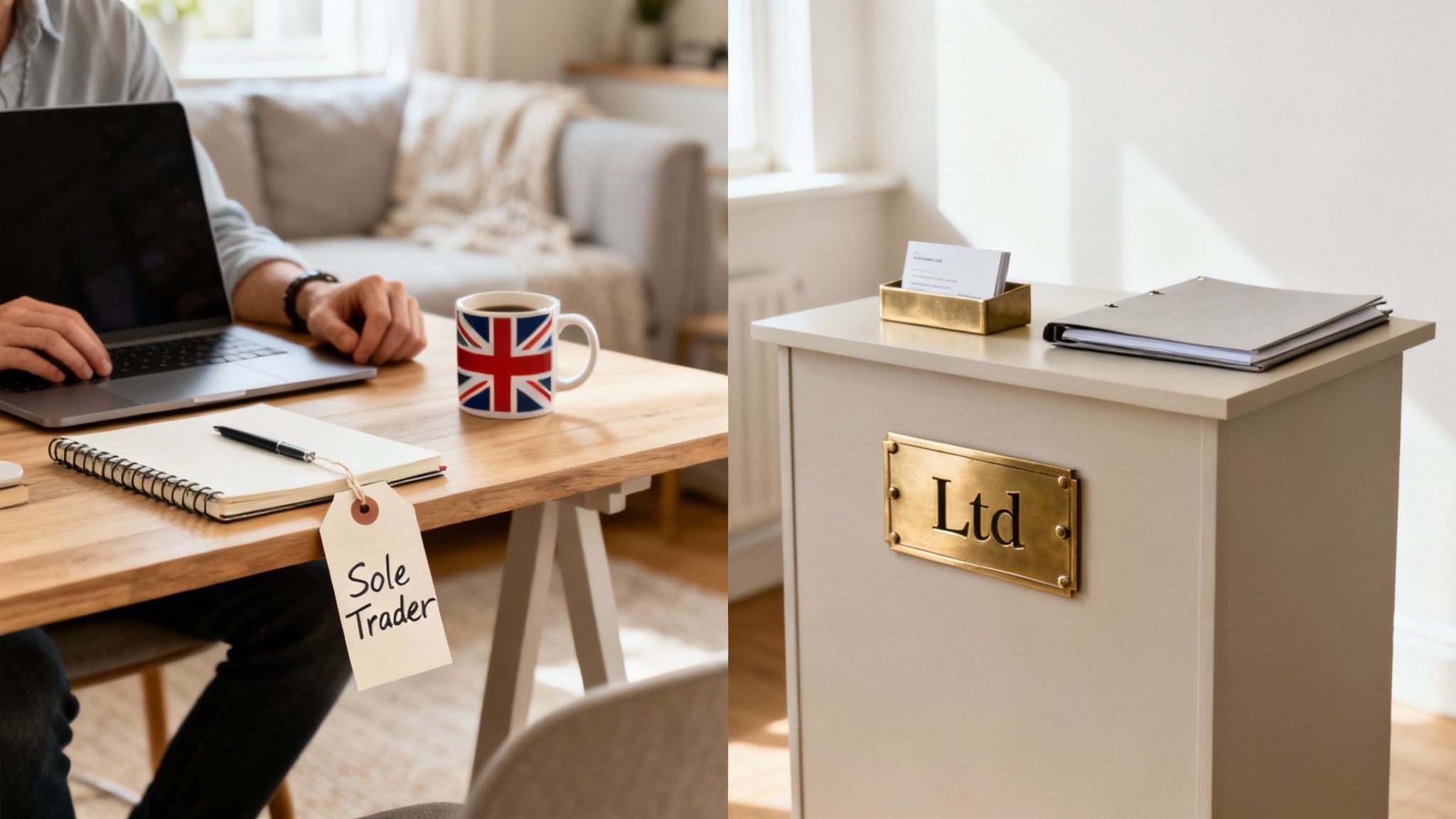A person at a desk weighing two options on a scale, representing the choice between a limited company and a sole trader.