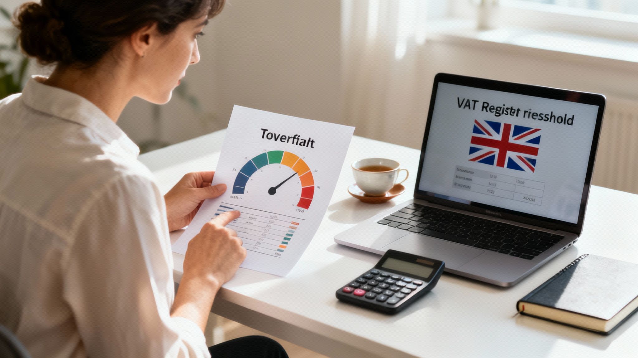 A person at a desk reviewing financial documents for VAT registration.