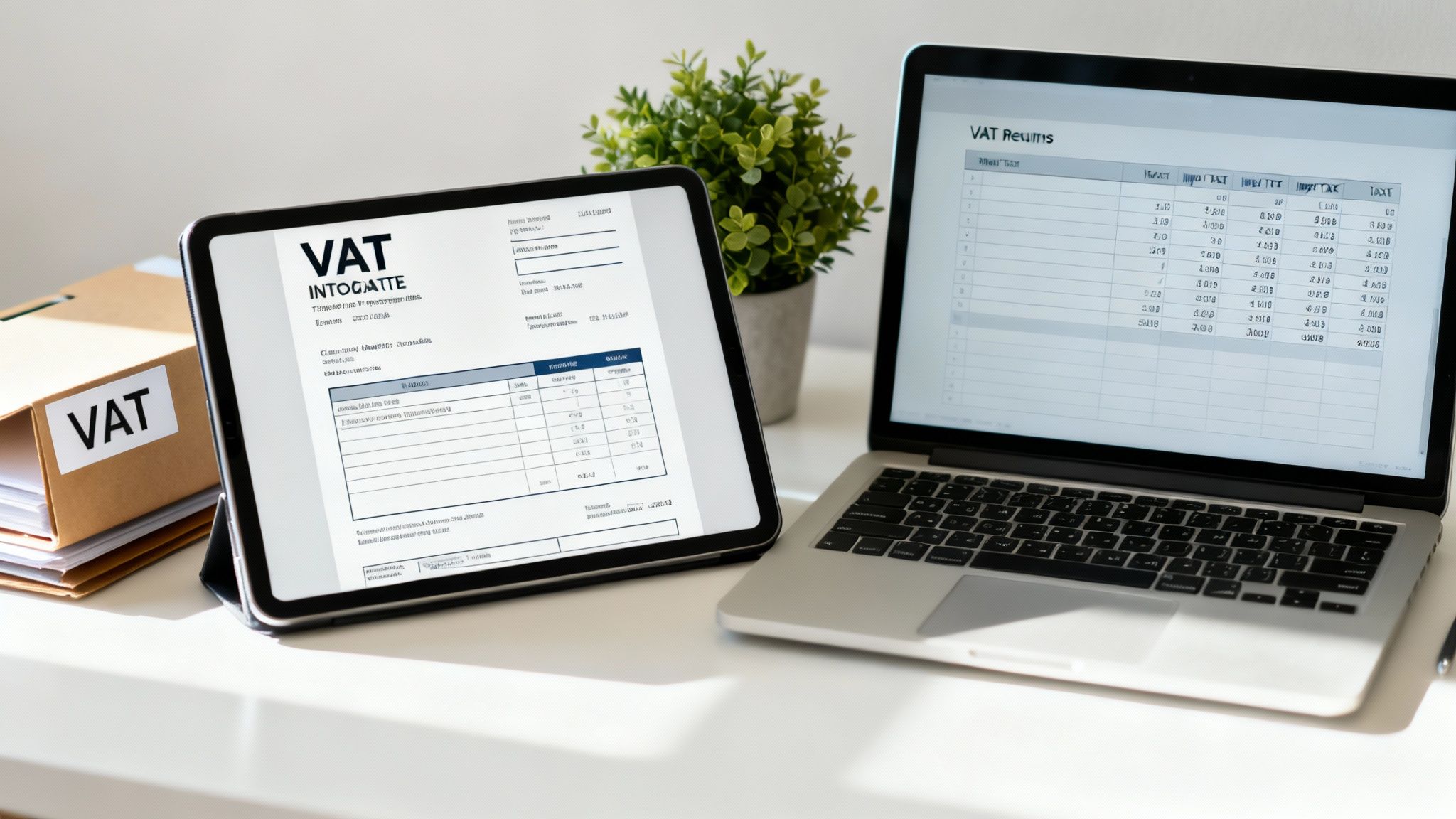 A business owner at a cafe, using a tablet to review their new VAT responsibilities.