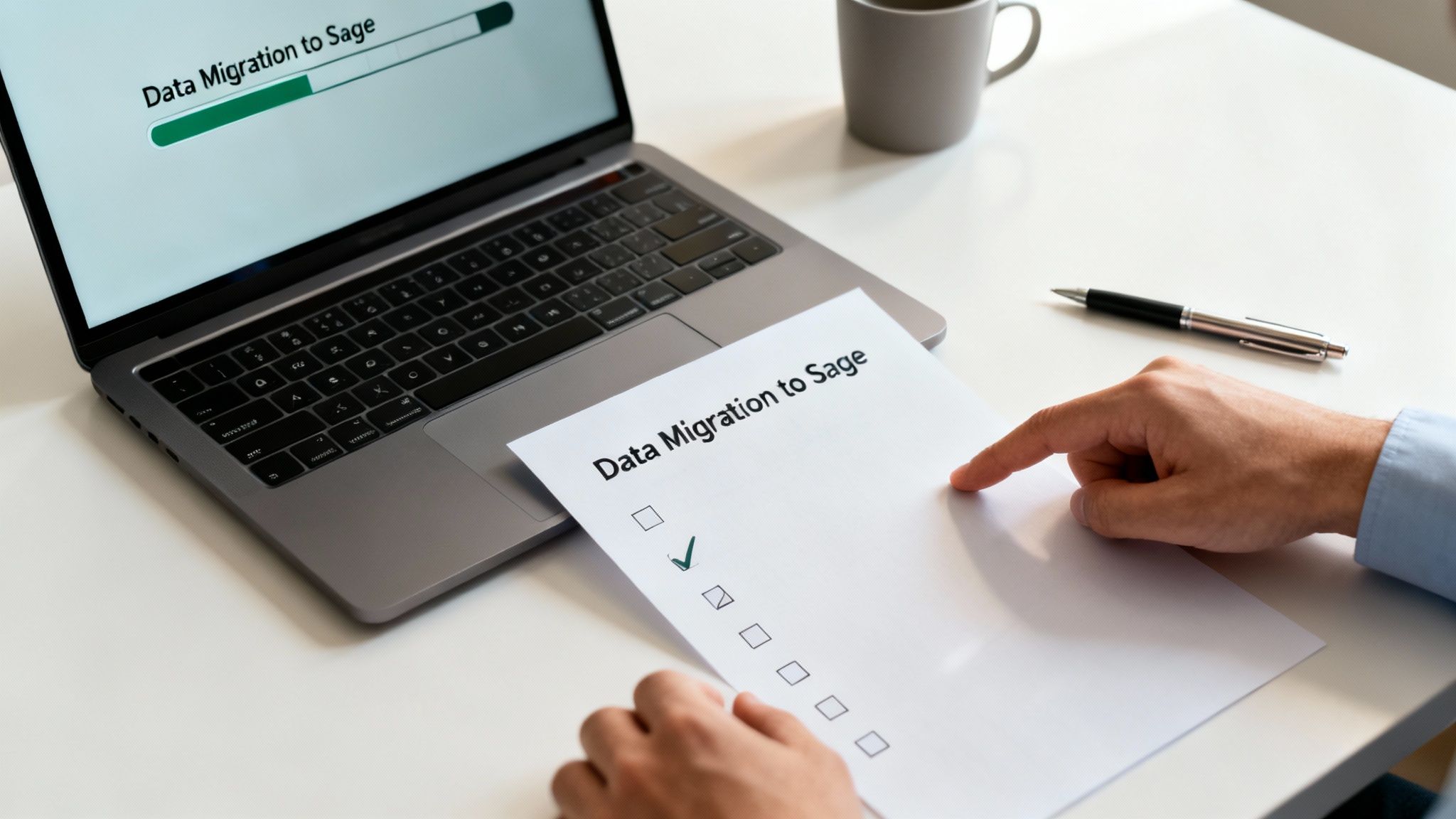 A person at a desk carefully planning a process on a tablet, symbolising migration to Sage.