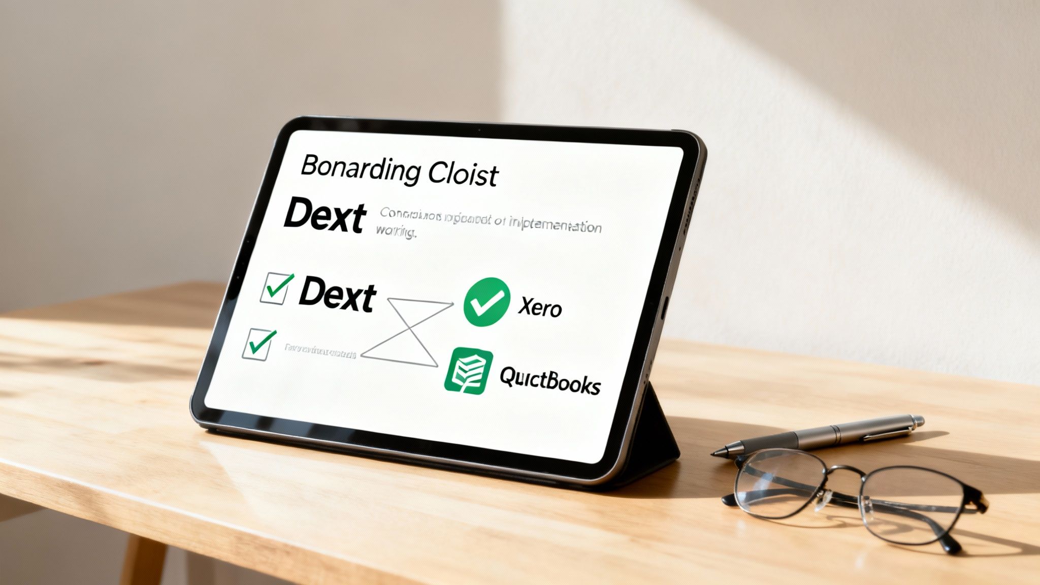 A person working on a laptop with a Dext branded mug, looking organised and in control.