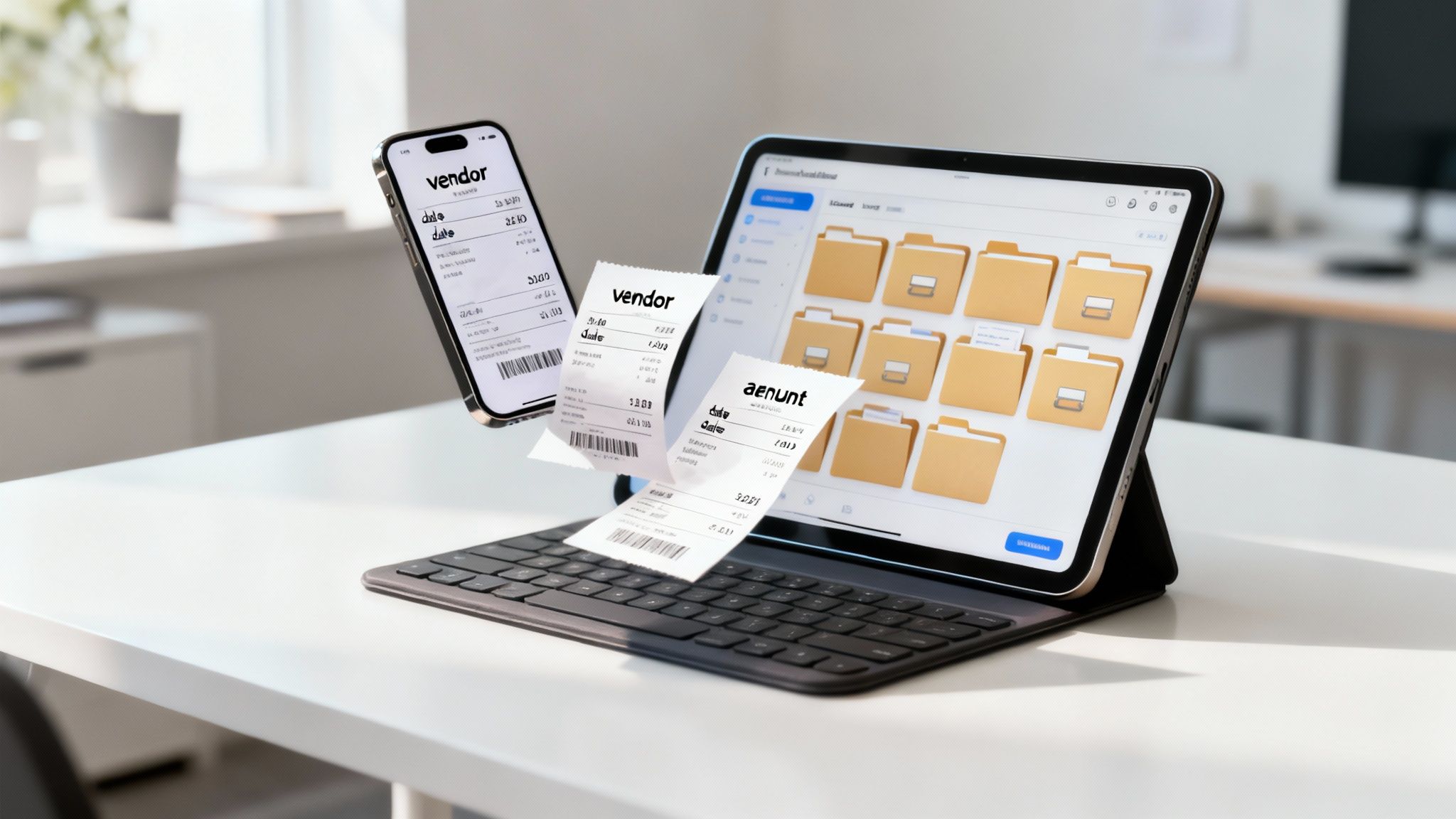 An accountant organising financial documents and receipts on a desk with a laptop.