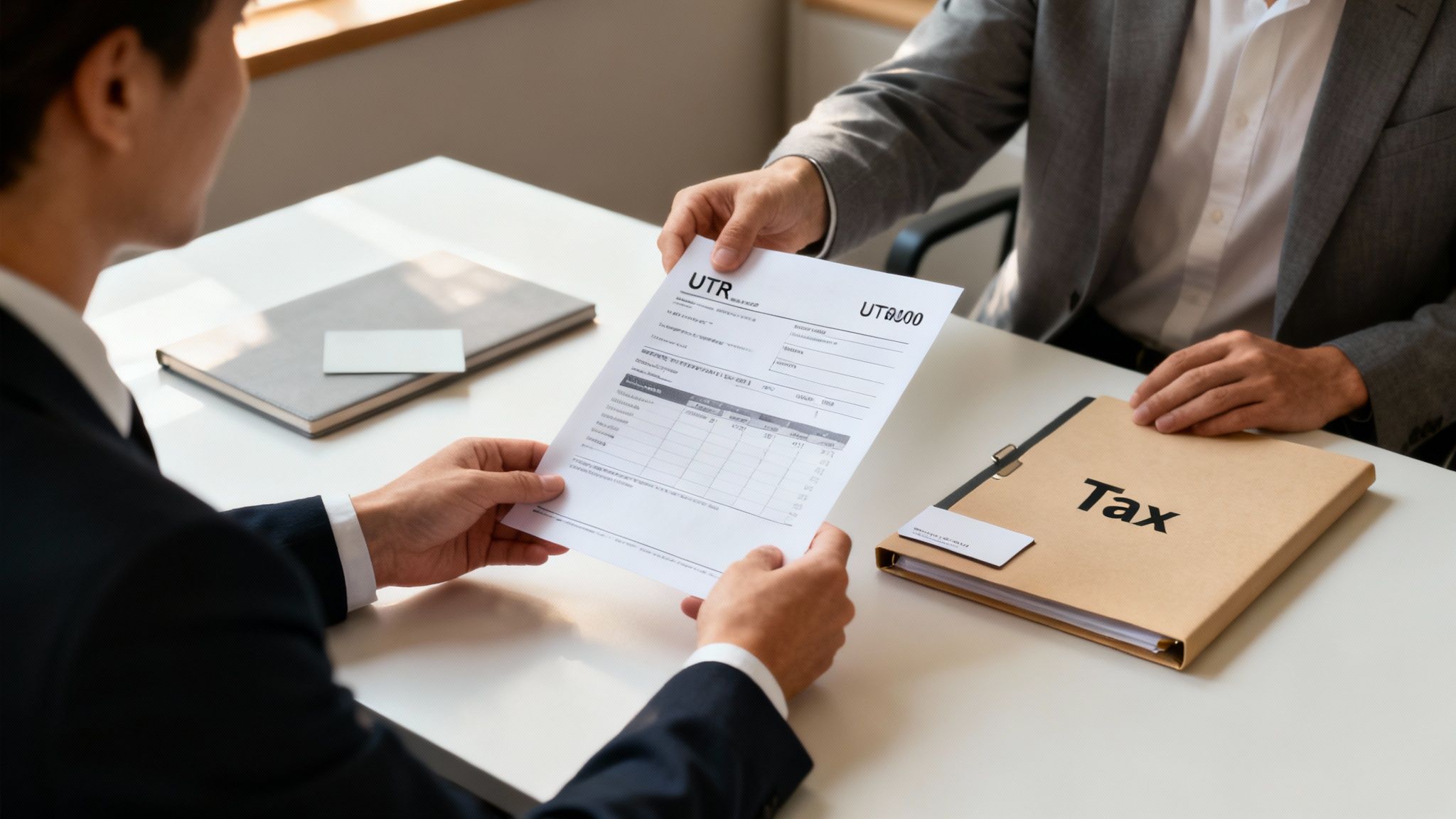 An accountant pointing to a document on a desk, helping a client find their company UTR number.