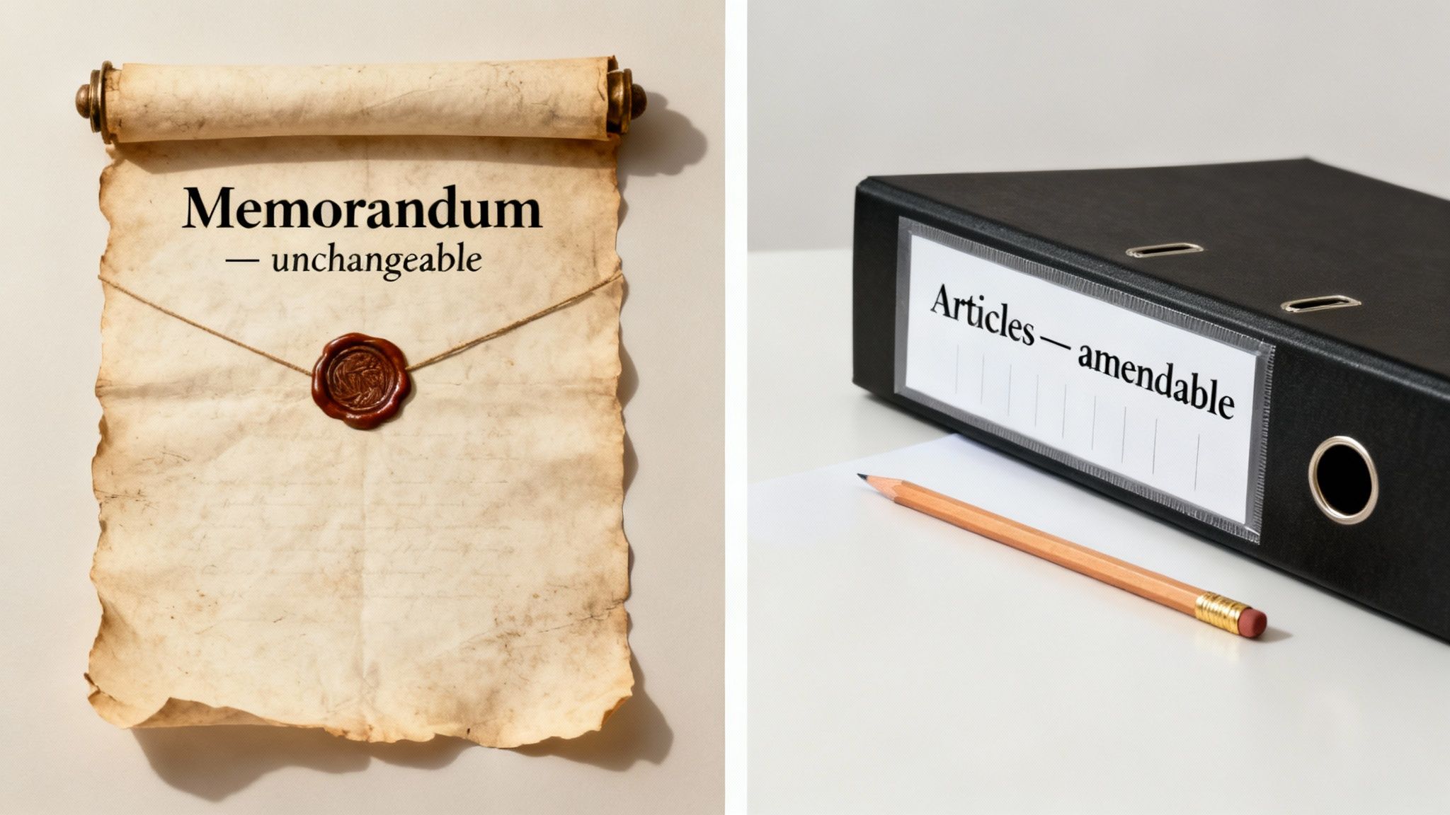 A side-by-side comparison visual, like two documents on a desk, representing the memorandum and articles.