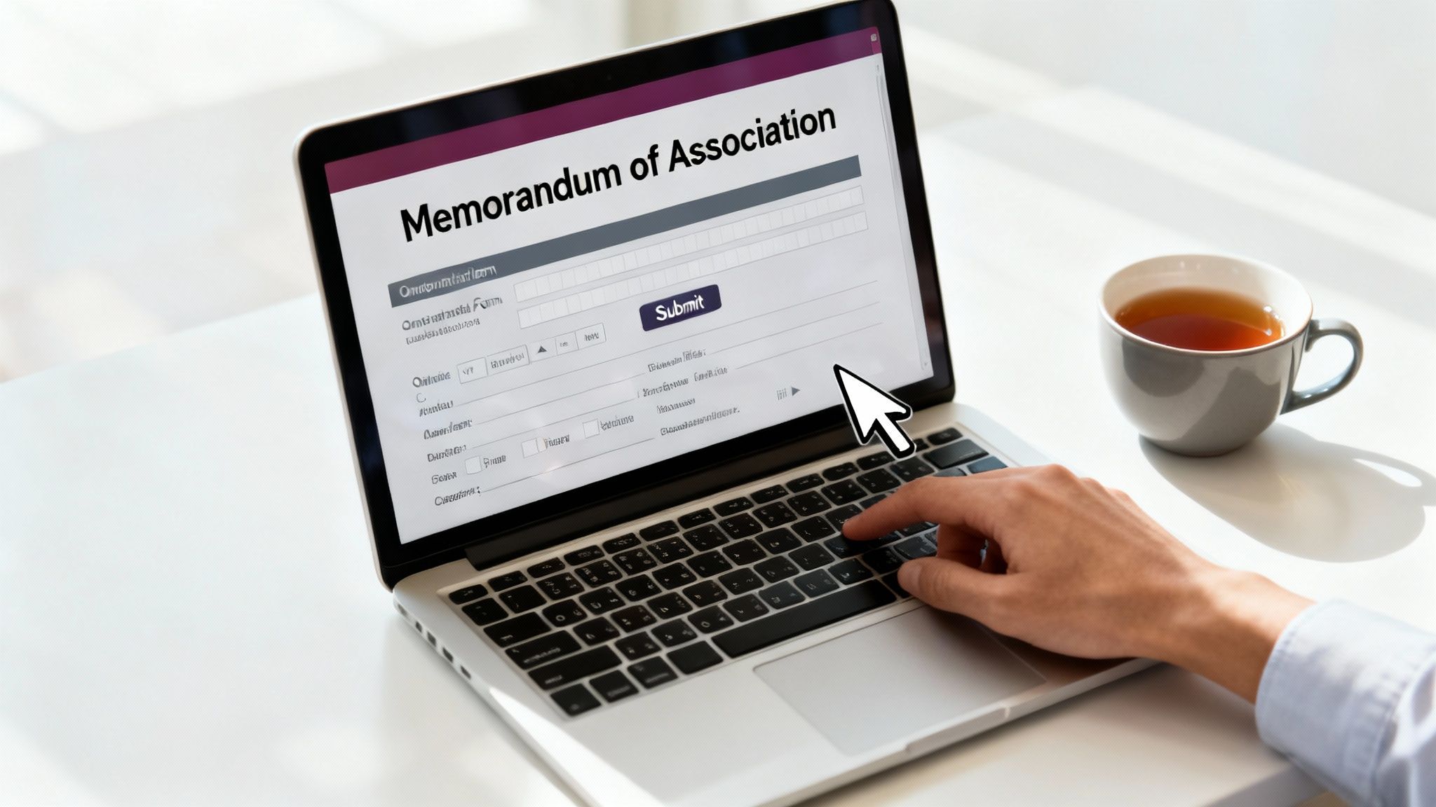 A person typing on a laptop, completing an online company registration form.