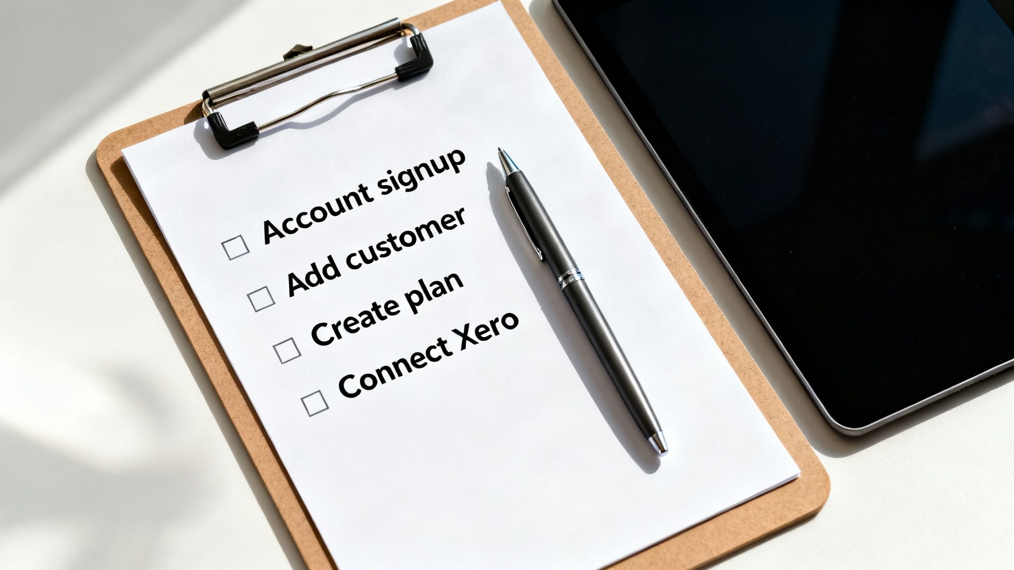 A person ticking off items on a digital checklist on a tablet, with the GoCardless logo faintly in the background.
