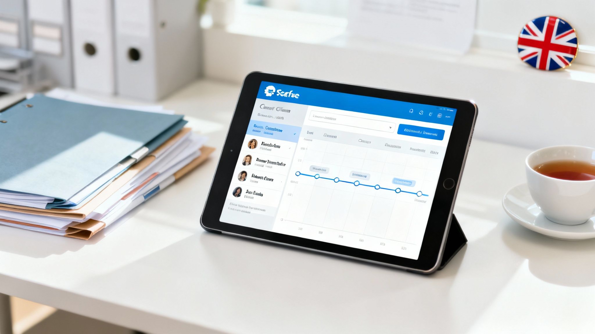 A team of UK accountants collaborating on a project using Salesforce on their laptops.