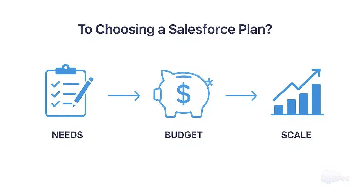 Infographic showing the process of choosing a new Salesforce plan, with steps for Needs, Budget, and Scale.