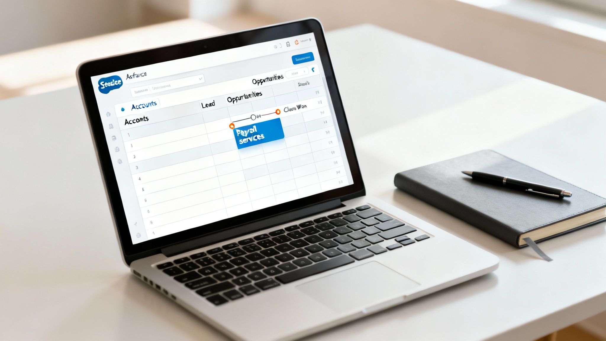 A dashboard in Salesforce showing key client metrics and opportunities for an accountancy firm.