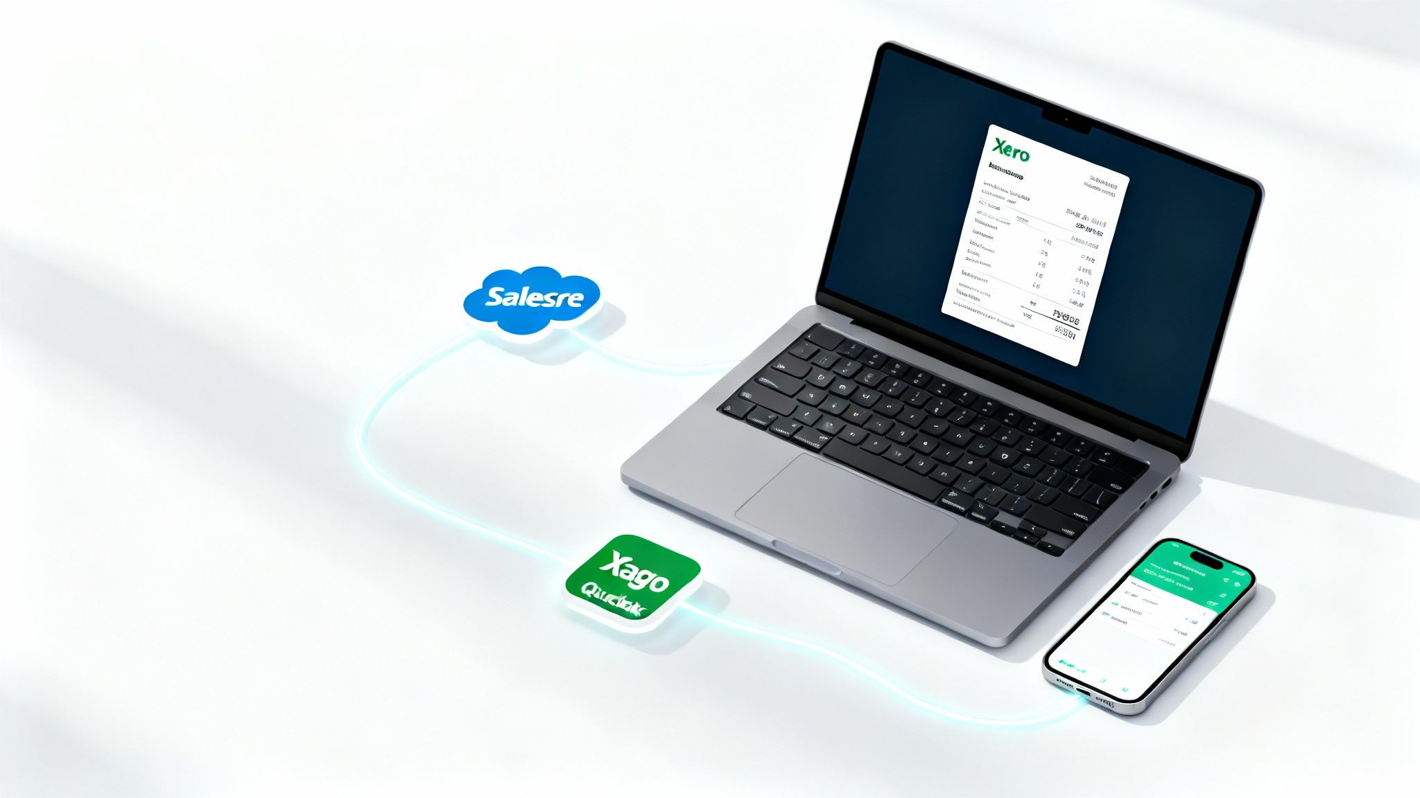 A visual representation of Salesforce and various accounting software logos (like Xero, QuickBooks) connecting with data flowing between them.