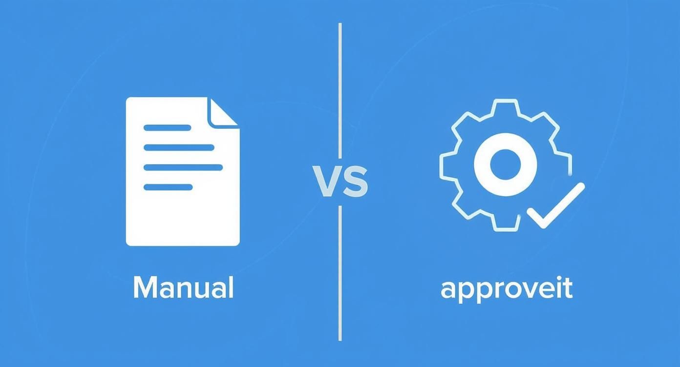 Infographic comparing a manual paper-based approval process with the automated Approveit workflow