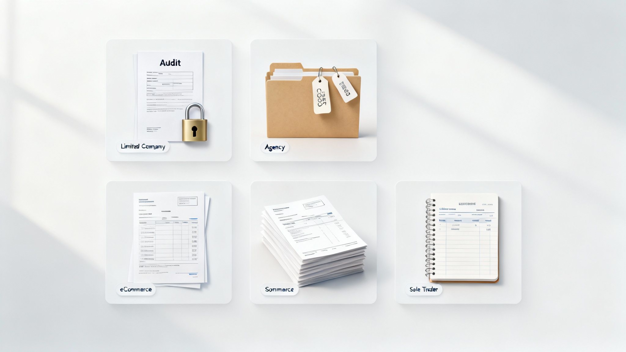 A collage of images representing different UK business types: a limited company's office, an agency's creative meeting, an eCommerce warehouse, and a sole trader working on a laptop.