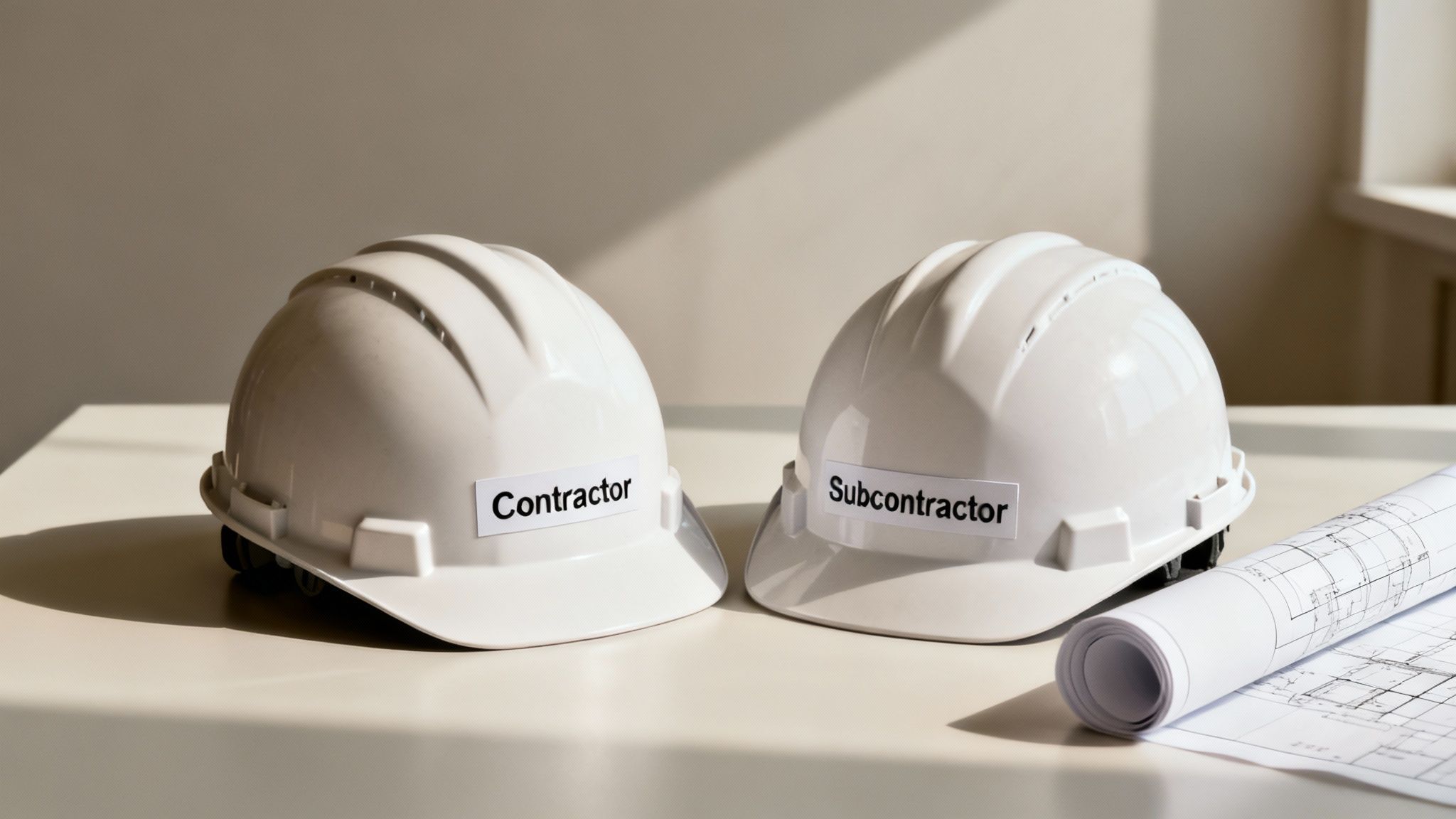 Two construction professionals reviewing blueprints on a building site