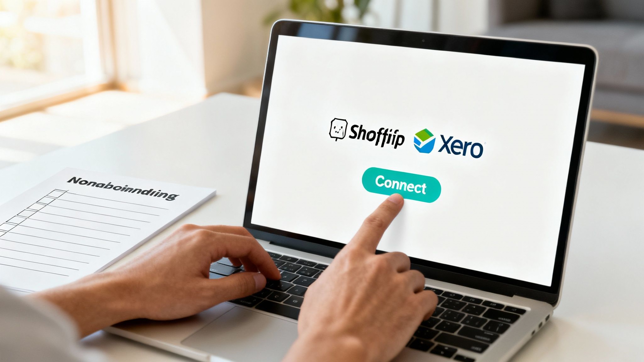 A person using a laptop to set up LinkMyBooks, showing icons for Shopify and Xero connecting through the software.