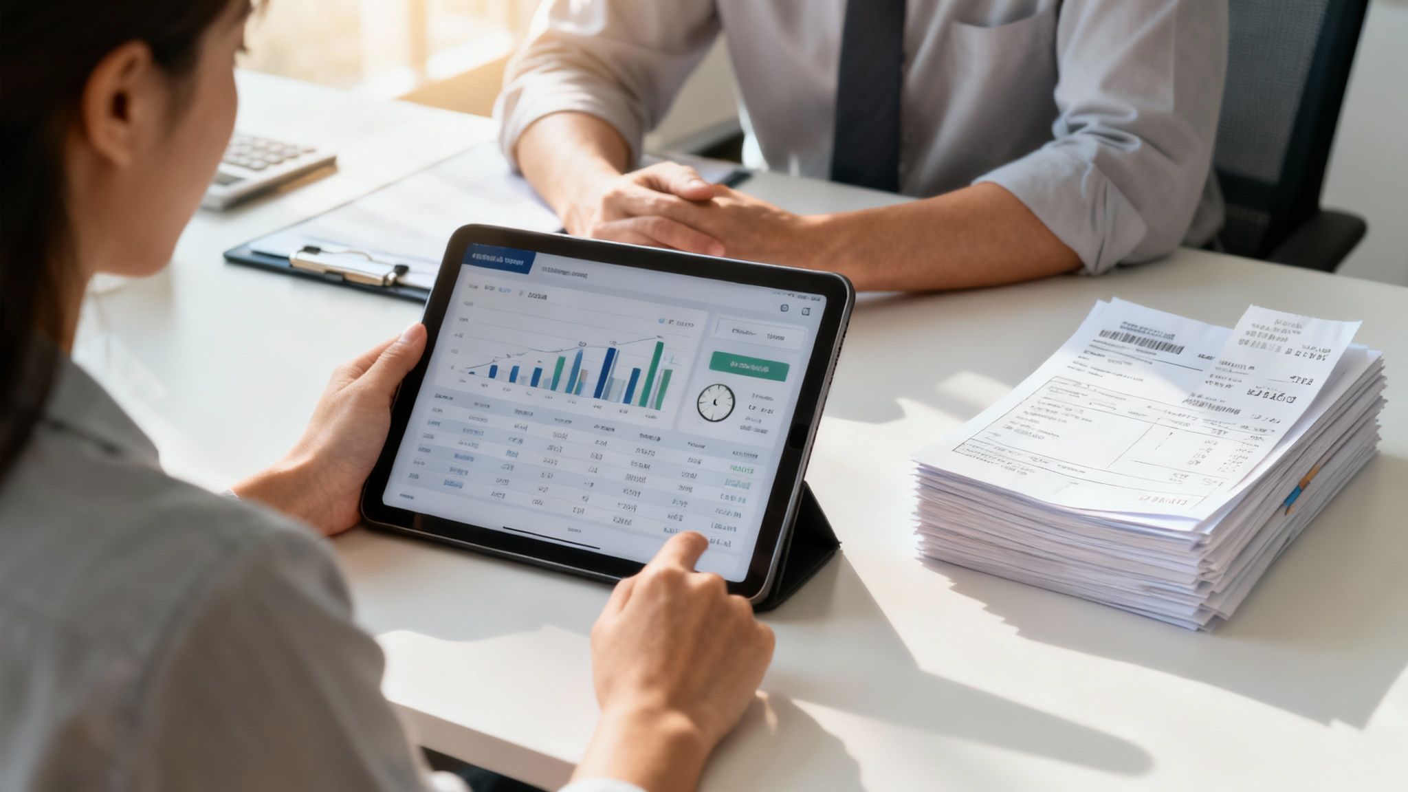 Business professionals reviewing financial data charts and reports on tablet during meeting