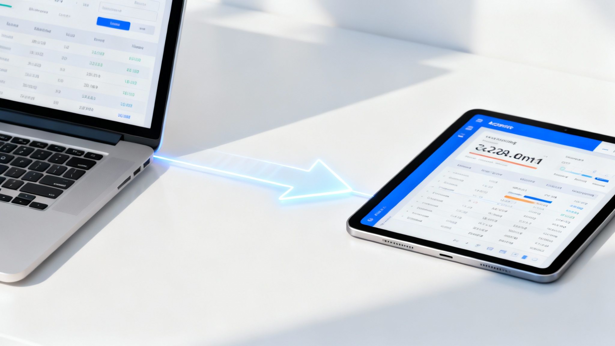 Laptop and tablet displaying AutoEntry accounting software with financial data spreadsheets and transaction numbers