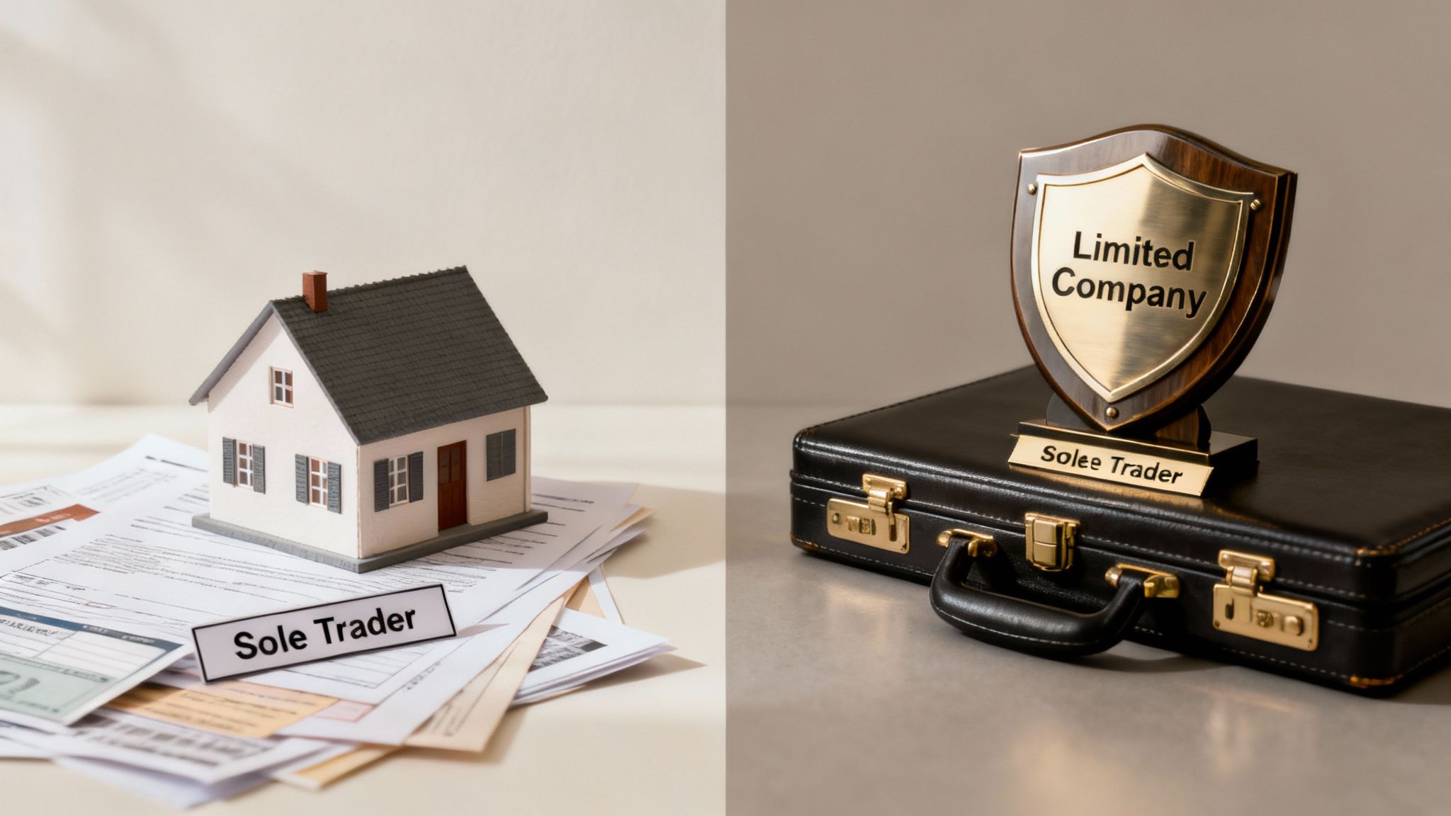 Sole trader documents with house model and limited company shield on briefcase comparison