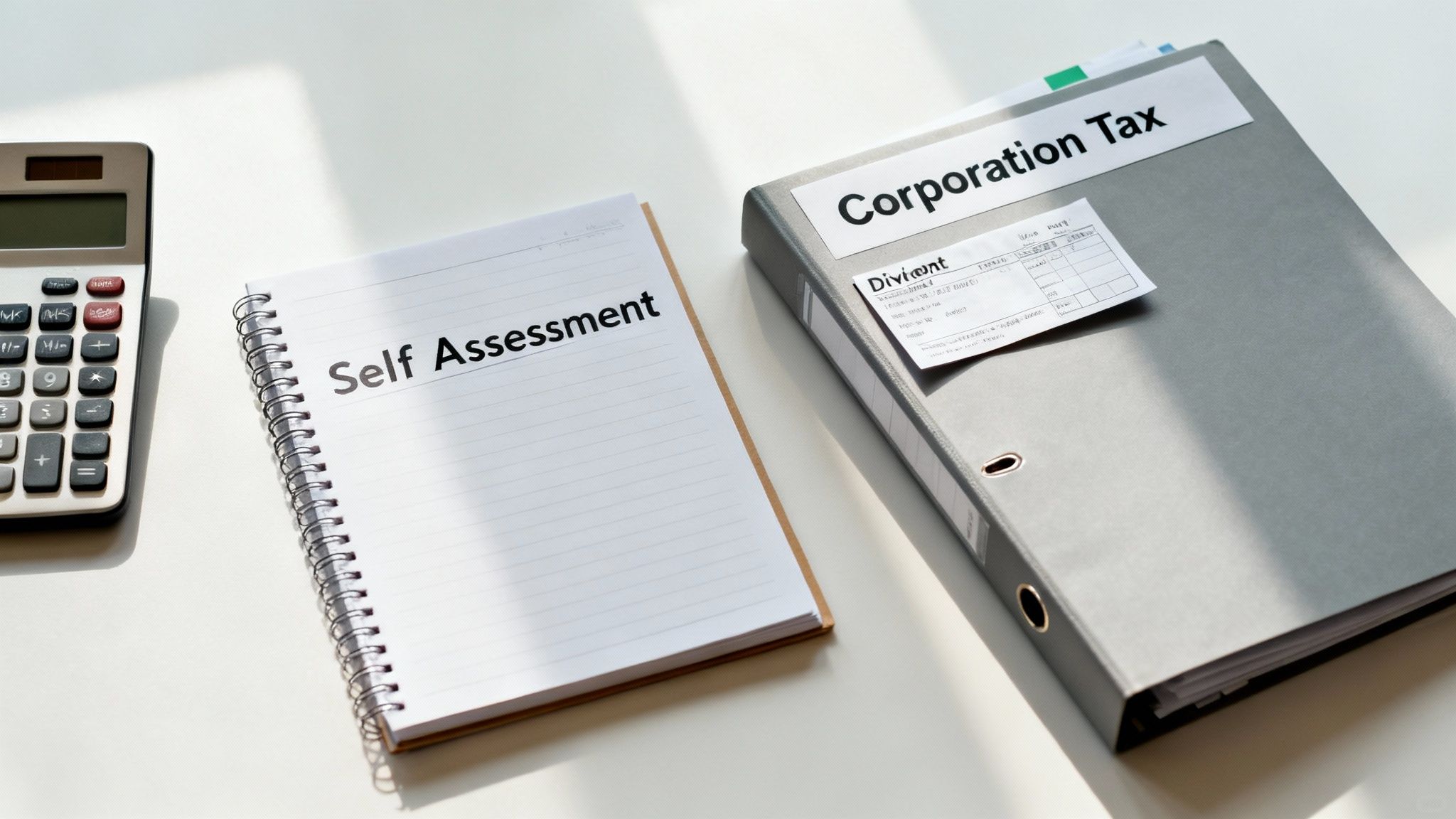 Self assessment notebook with calculator and corporation tax folder on desk for business tax filing