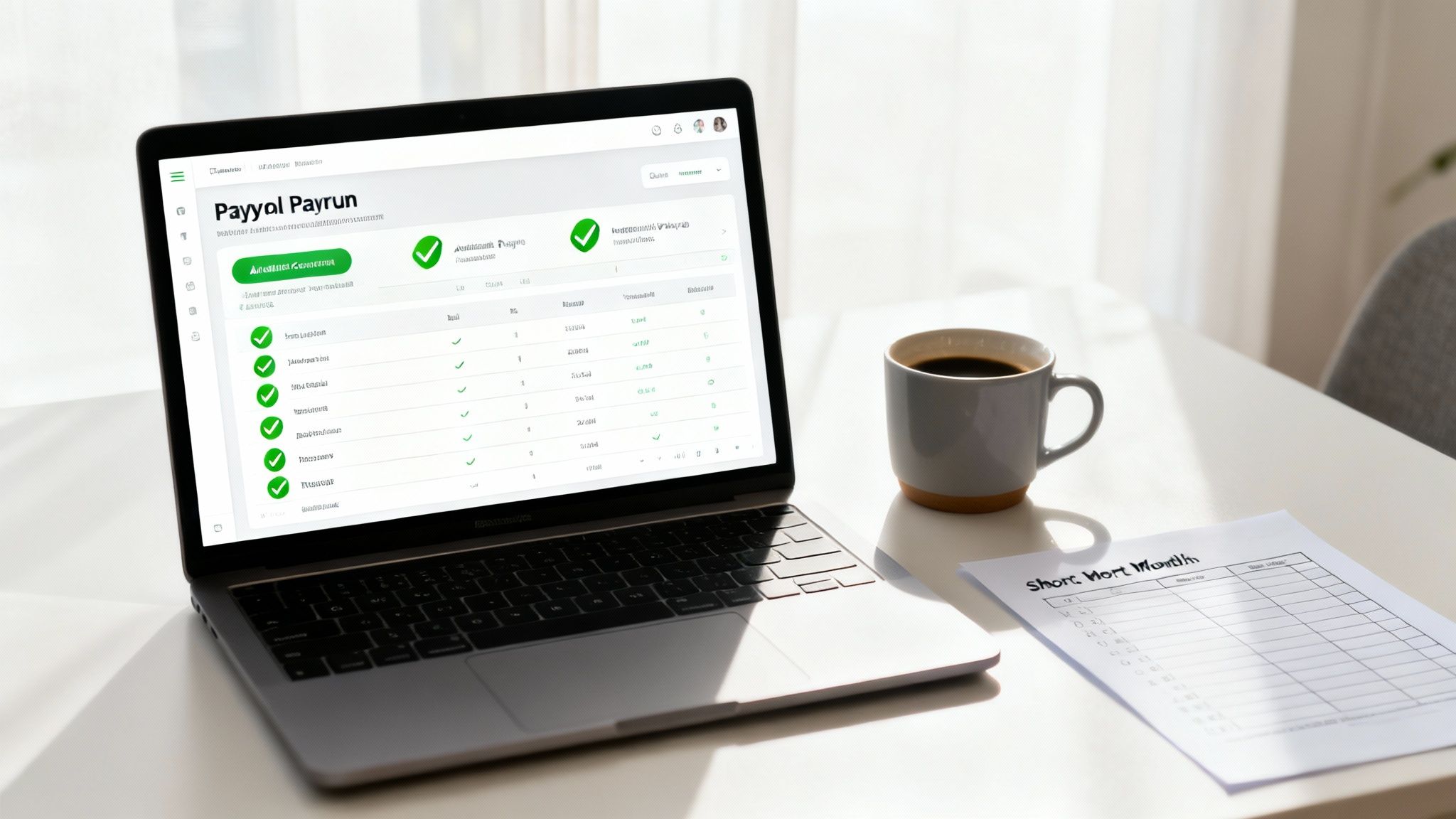 Laptop displaying payroll payrun software with green checkmarks beside coffee cup and monthly planner