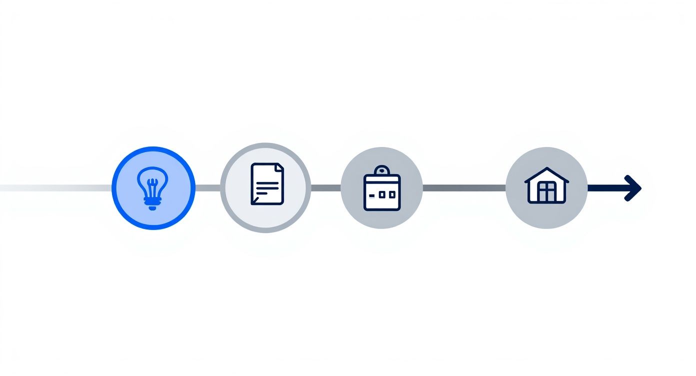 Business process workflow showing four steps from idea lightbulb to document to calendar to home office
