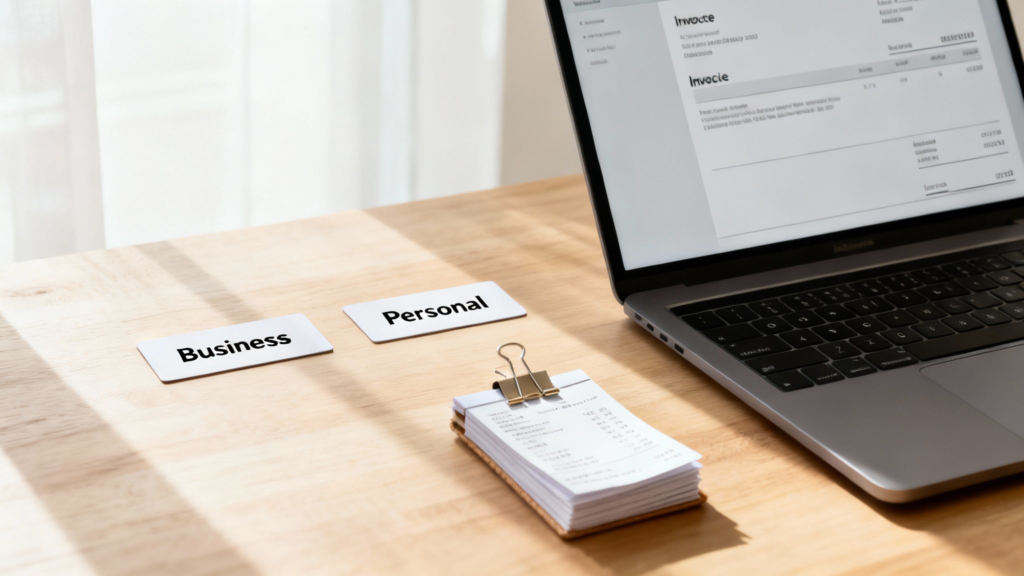 Laptop showing invoices with business and personal labels beside receipt stack on wooden desk