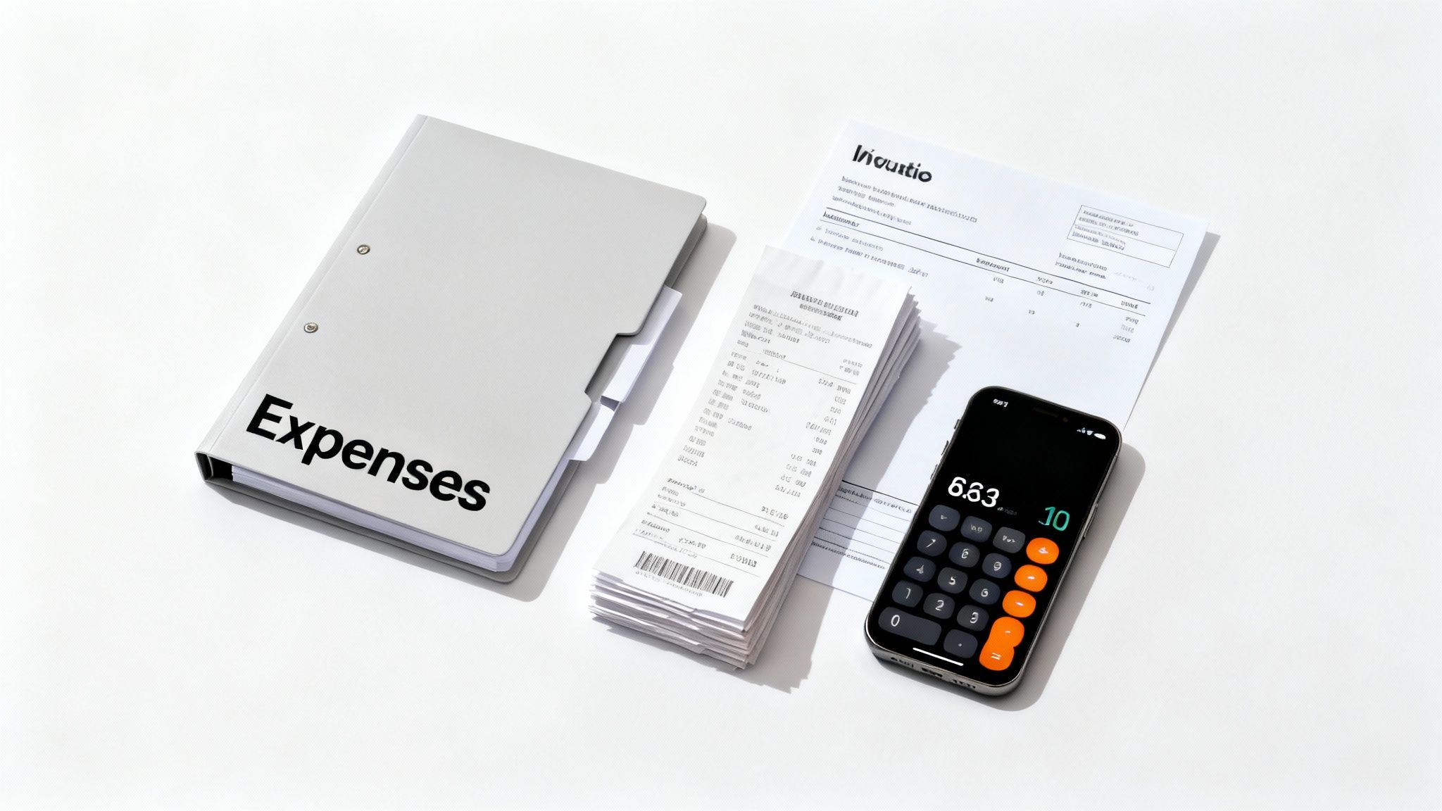 A white binder labeled 'Expenses' next to a stack of receipts, an invoice, and a smartphone calculator.