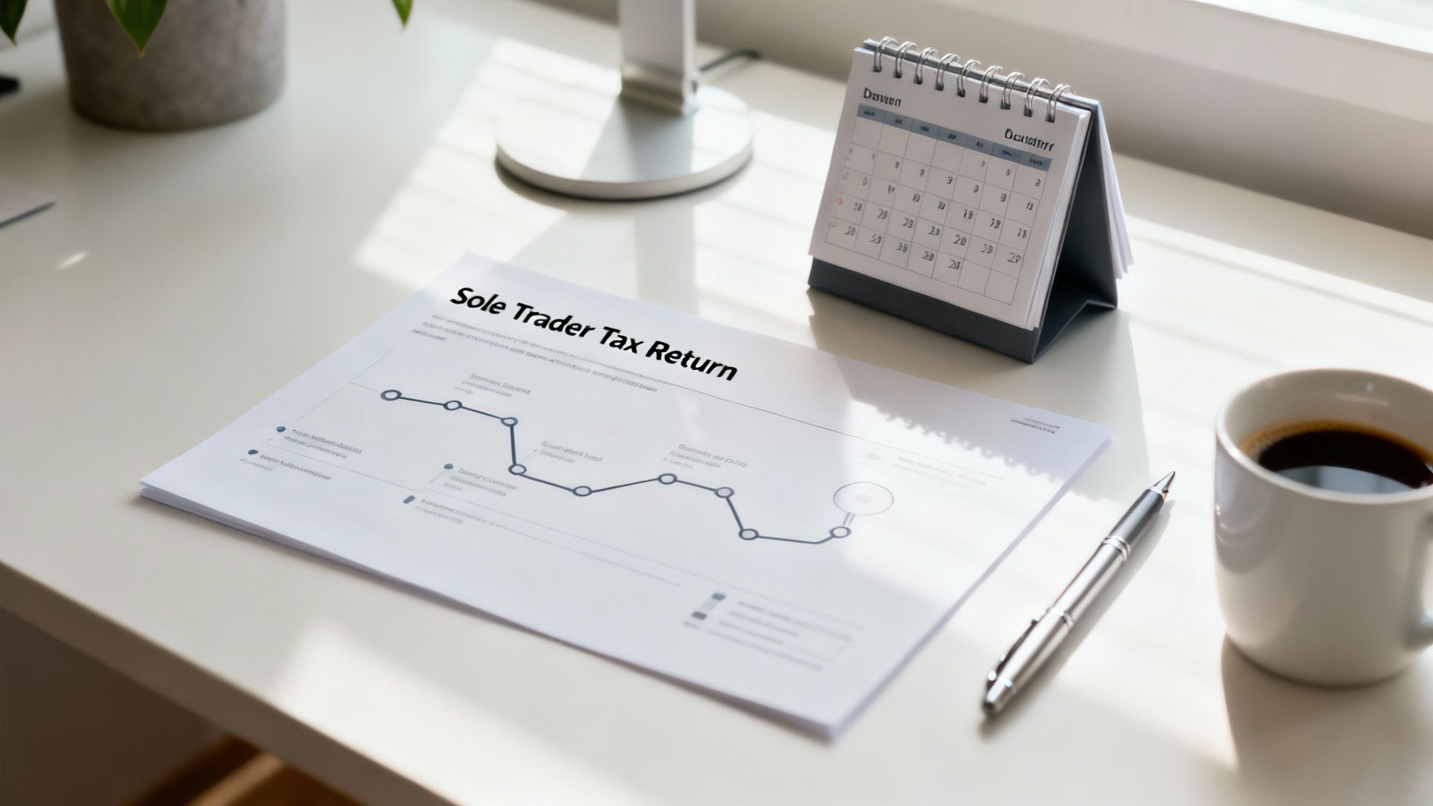 A document titled 'Sole Trader Tax Return' with a graph, pen, coffee, and calendar on a bright desk.
