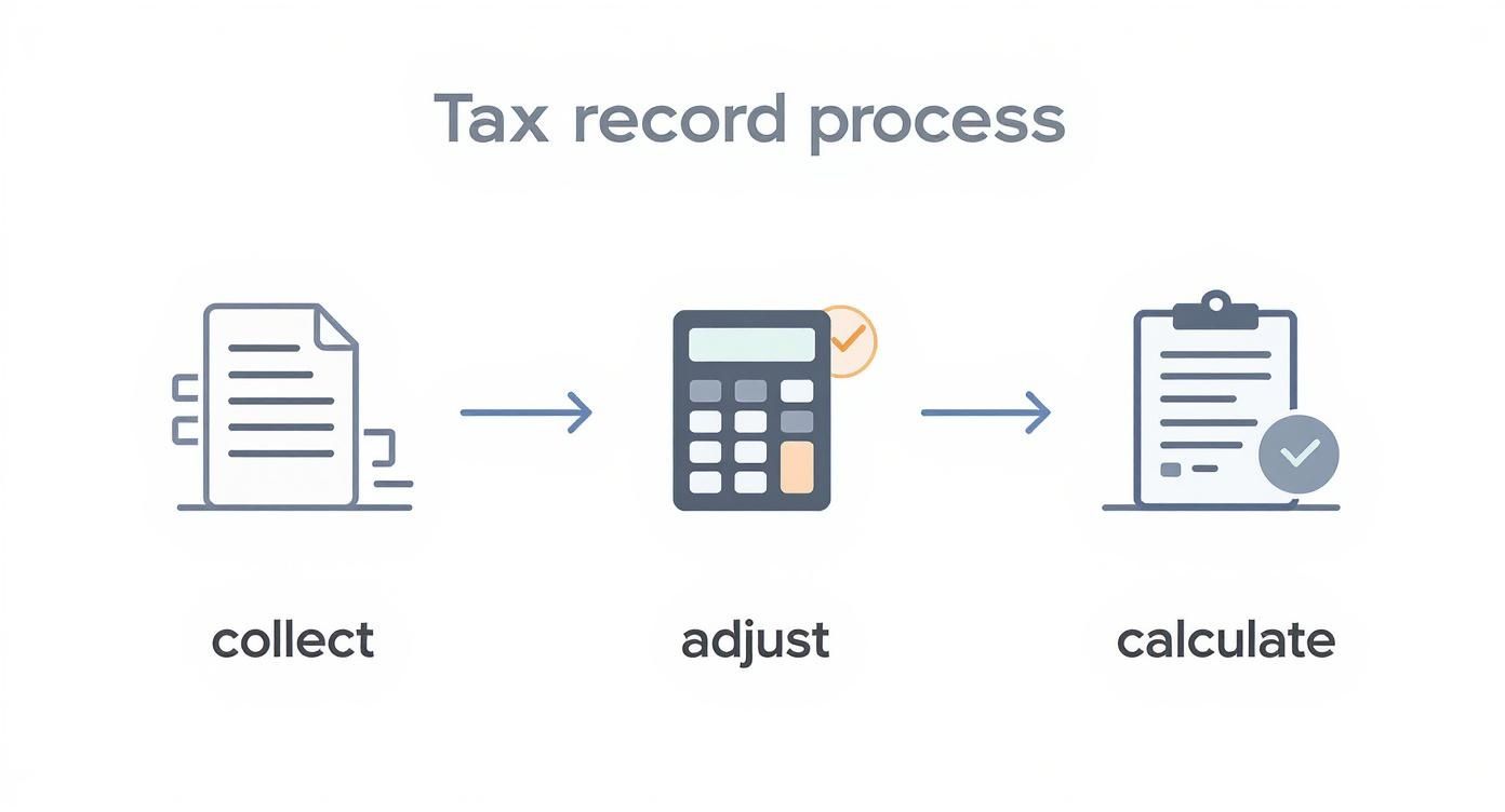An infographic showing the tax record process: collect documents, adjust using a calculator, then calculate on a clipboard.