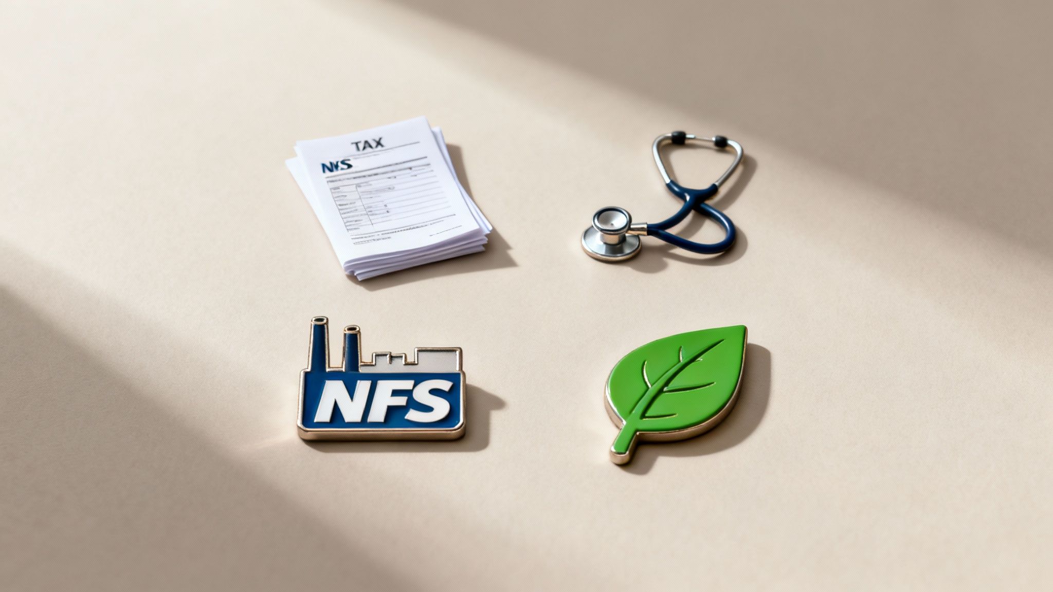 Four symbolic items: tax forms, a stethoscope, an industrial factory, and a green leaf.
