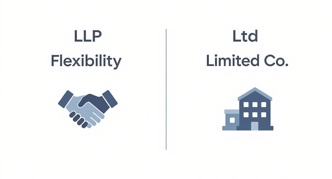 An image illustrating the differences between LLP Flexibility (handshake) and Ltd Limited Co. (building).