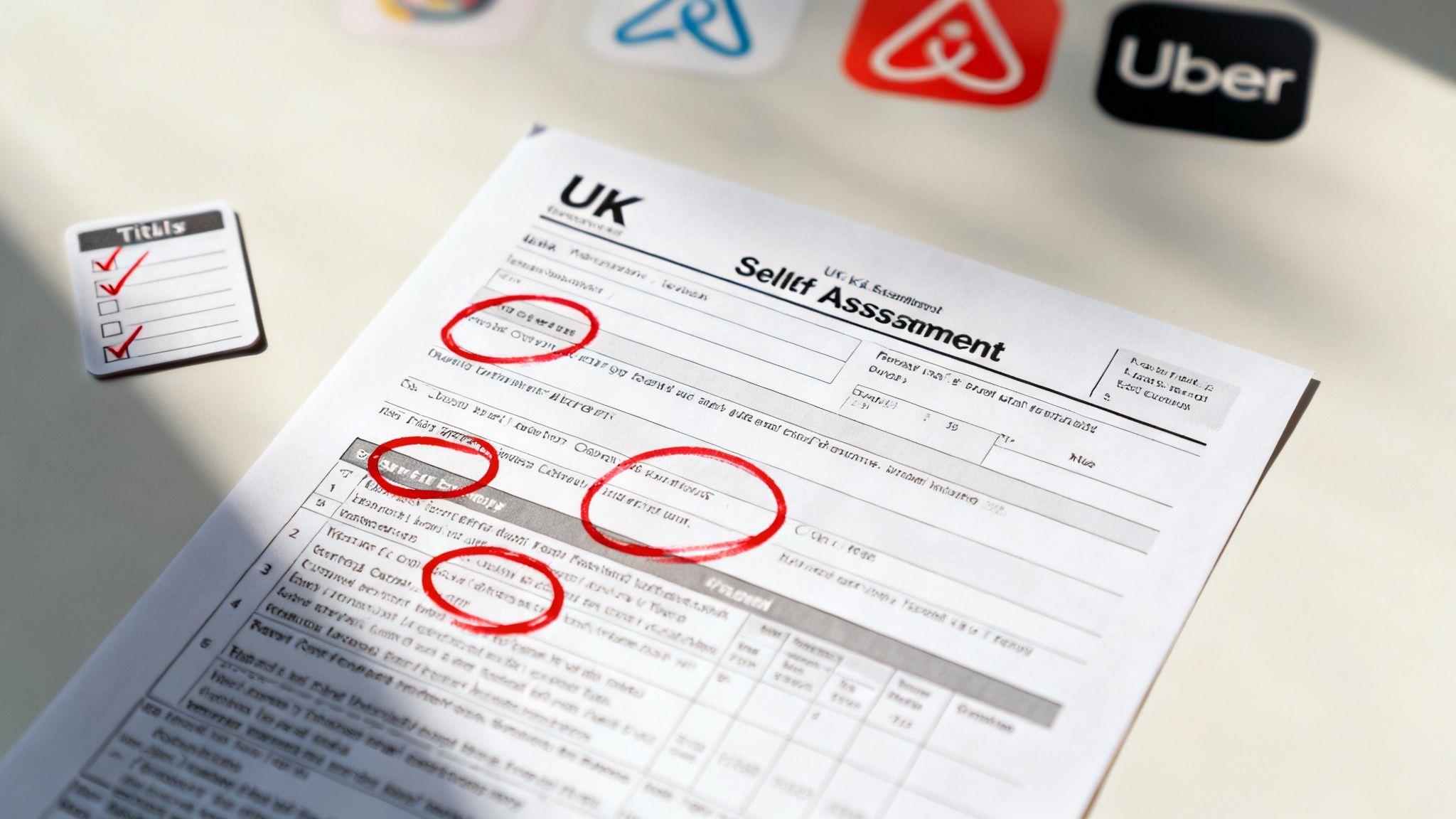 UK Self Assessment tax form with red circles, a checklist, and gig economy logos.