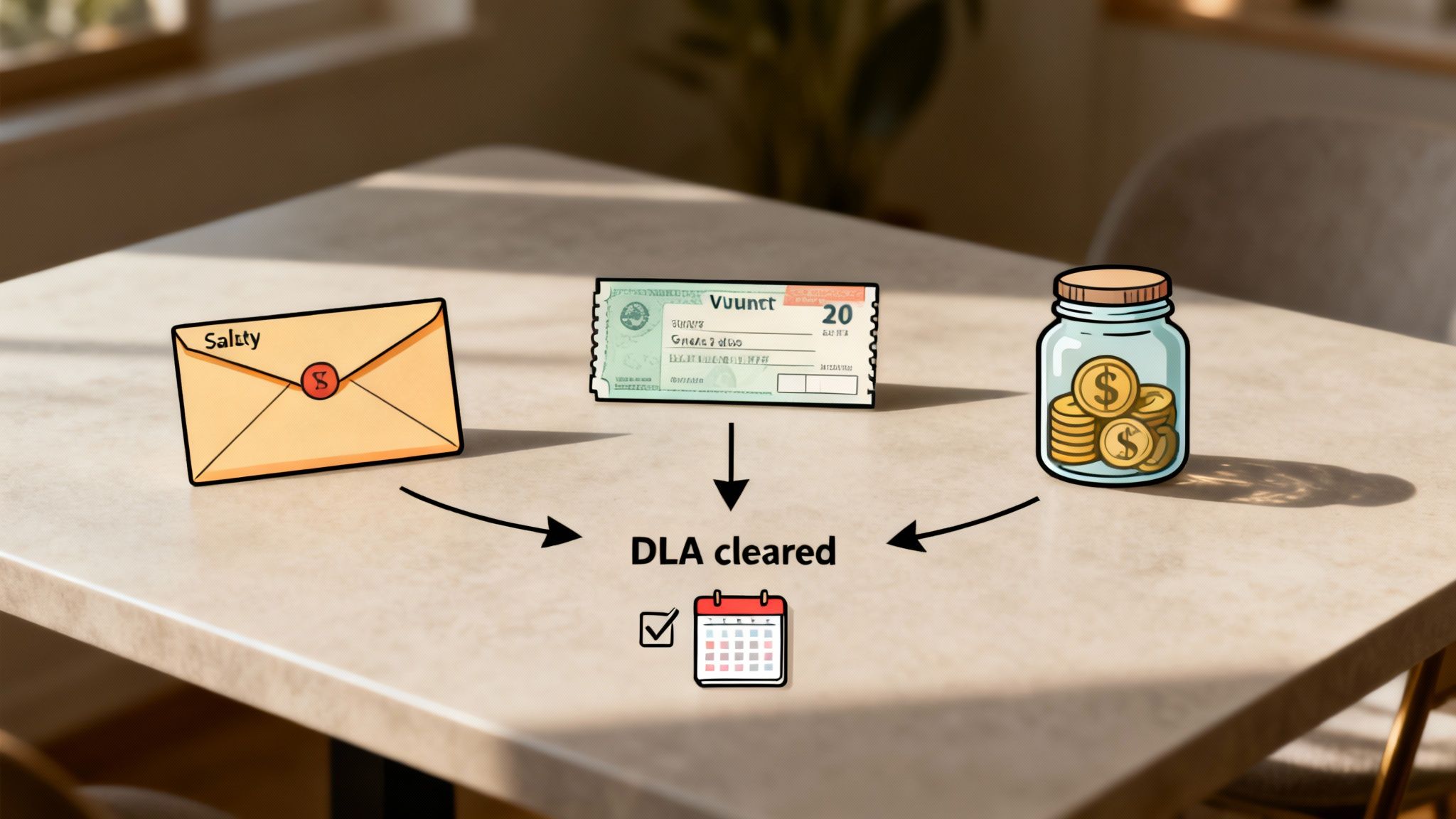 Diagram of an envelope, check, and money jar leading to a 'DLA cleared' calendar.